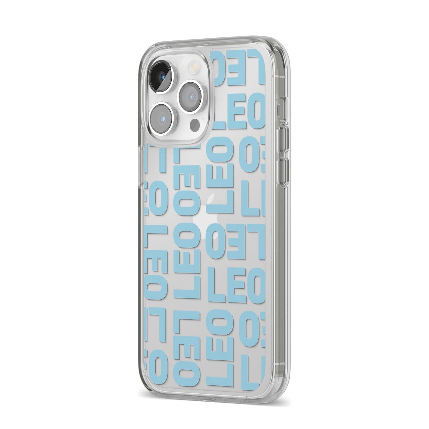 Bold Blue Block Names iPhone 14 Pro Max Clear Tough Case Silver Angled Image