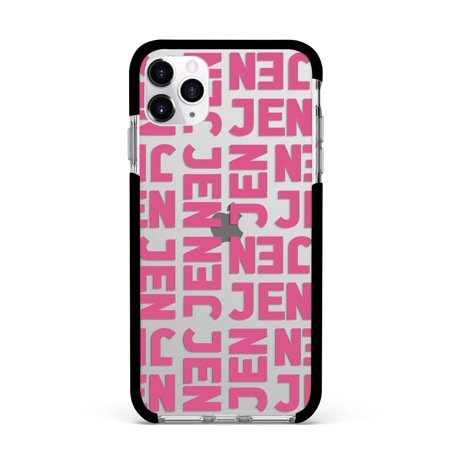 Bold Pink Repeating Name Apple iPhone 11 Pro Max in Silver with Black Impact Case