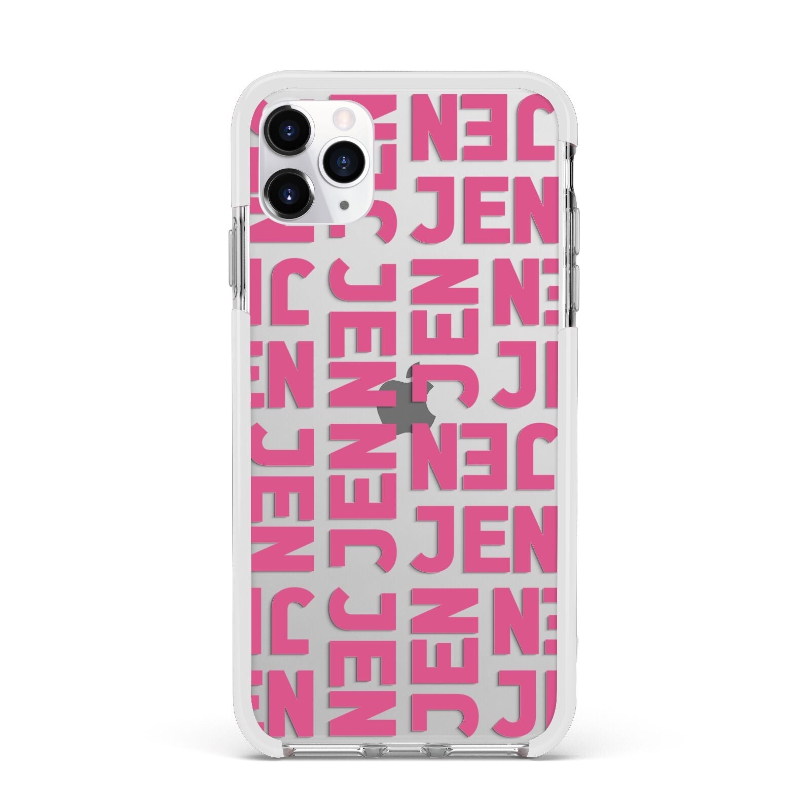 Bold Pink Repeating Name Apple iPhone 11 Pro Max in Silver with White Impact Case