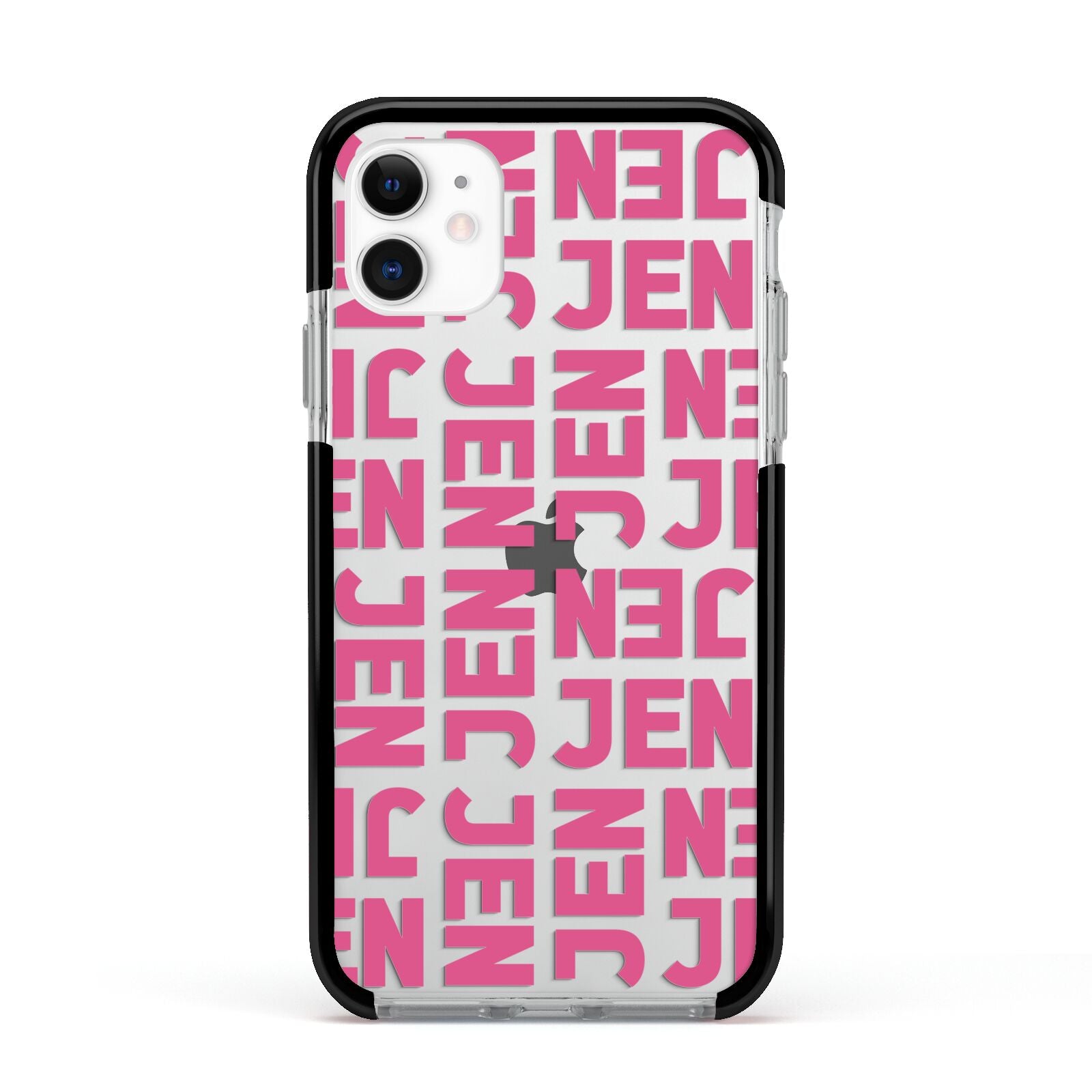 Bold Pink Repeating Name Apple iPhone 11 in White with Black Impact Case