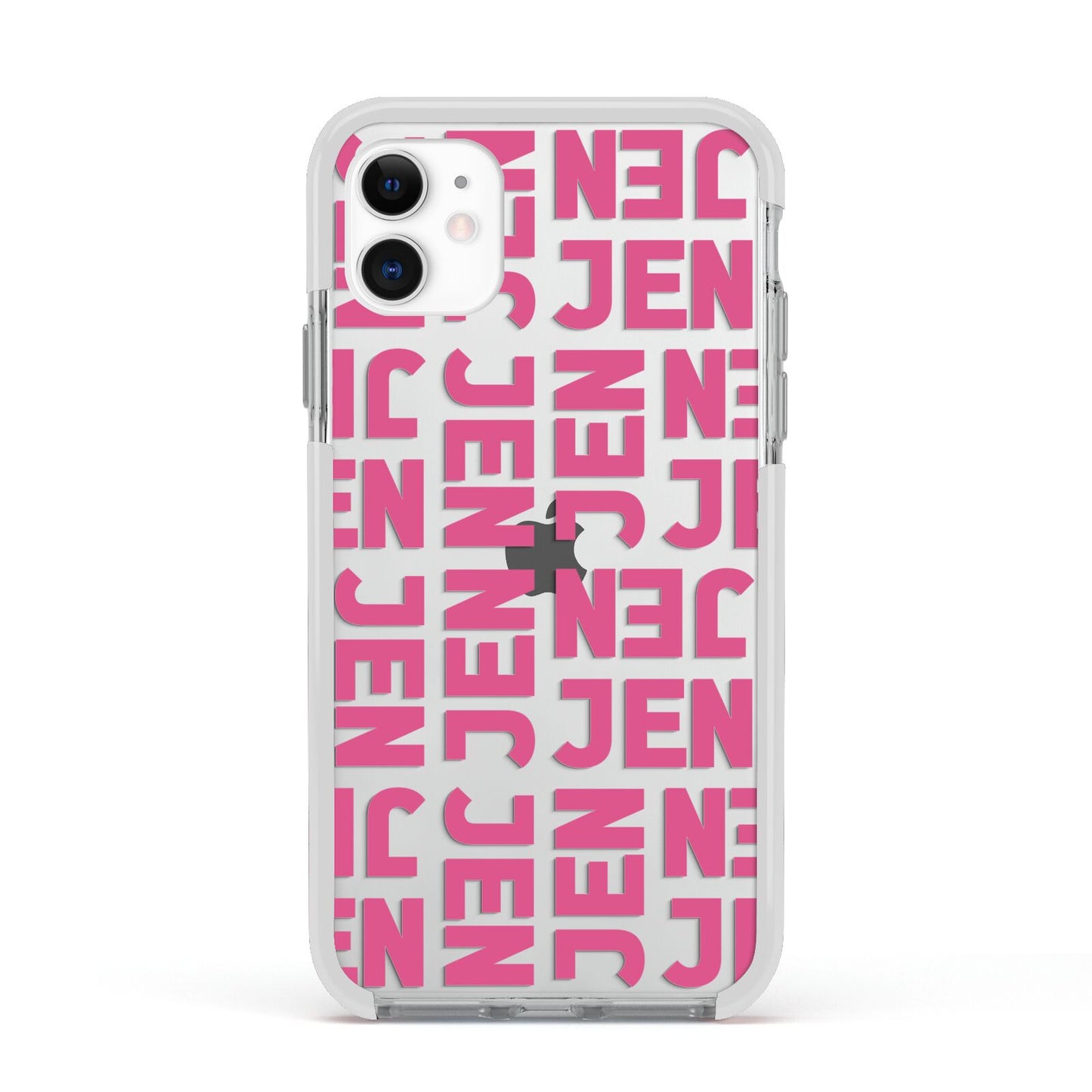 Bold Pink Repeating Name Apple iPhone 11 in White with White Impact Case