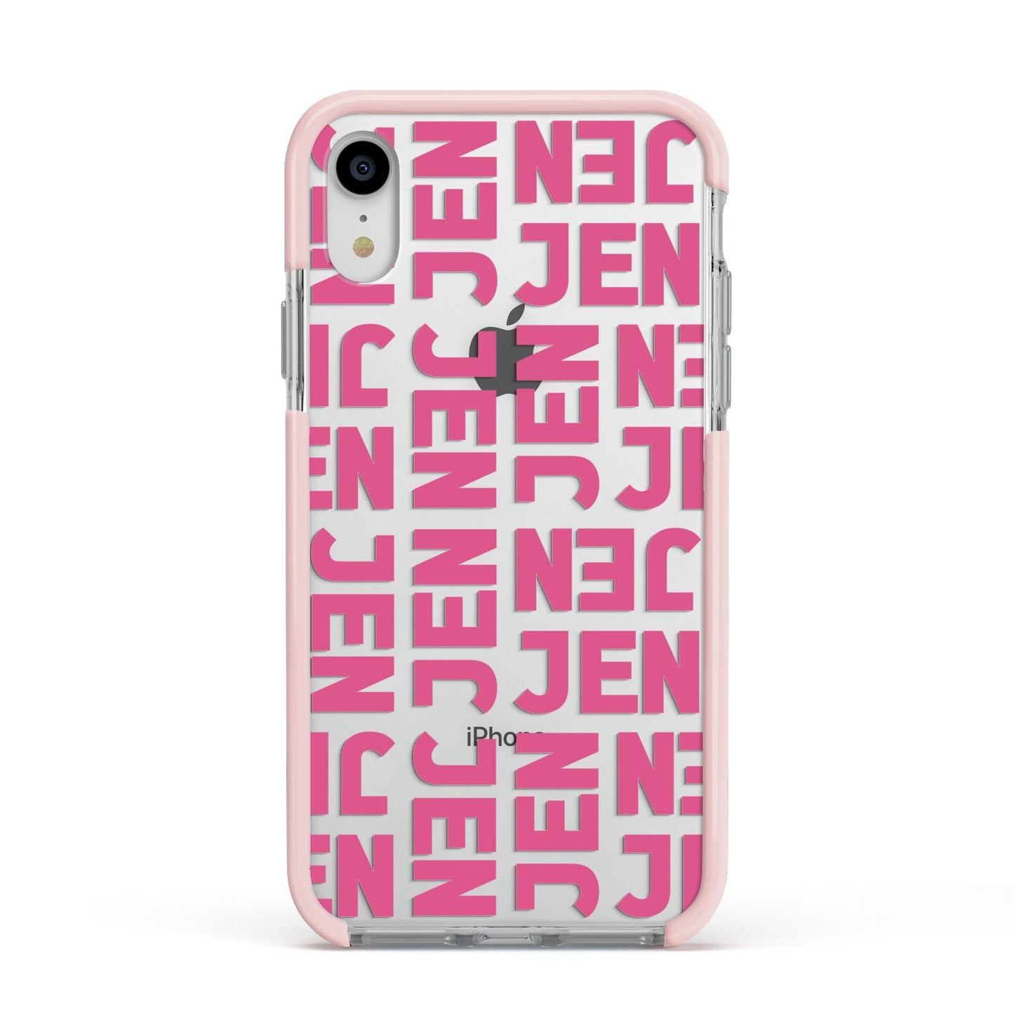 Bold Pink Repeating Name Apple iPhone XR Impact Case Pink Edge on Silver Phone