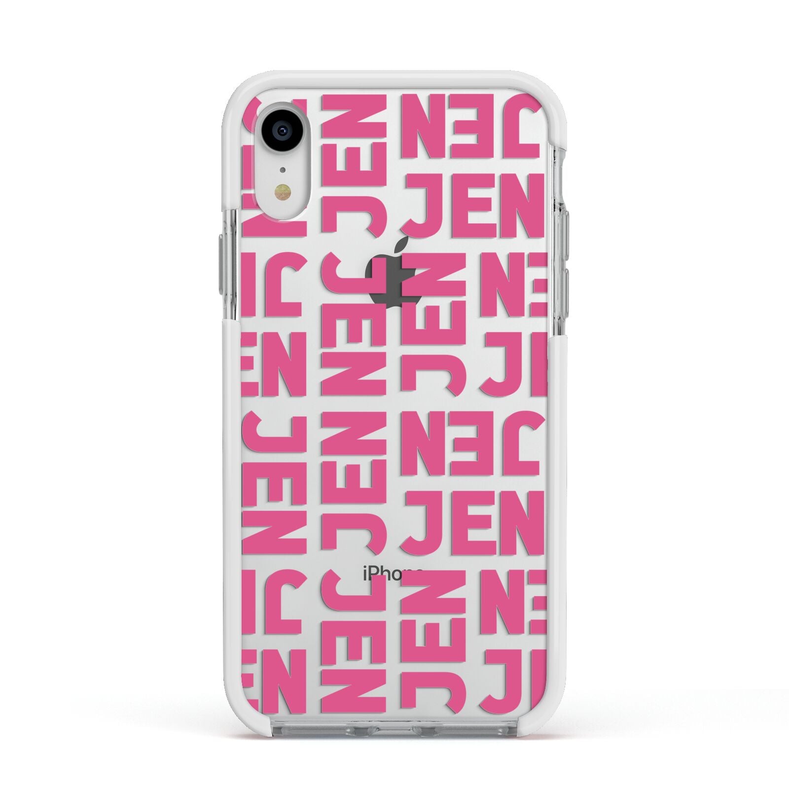 Bold Pink Repeating Name Apple iPhone XR Impact Case White Edge on Silver Phone
