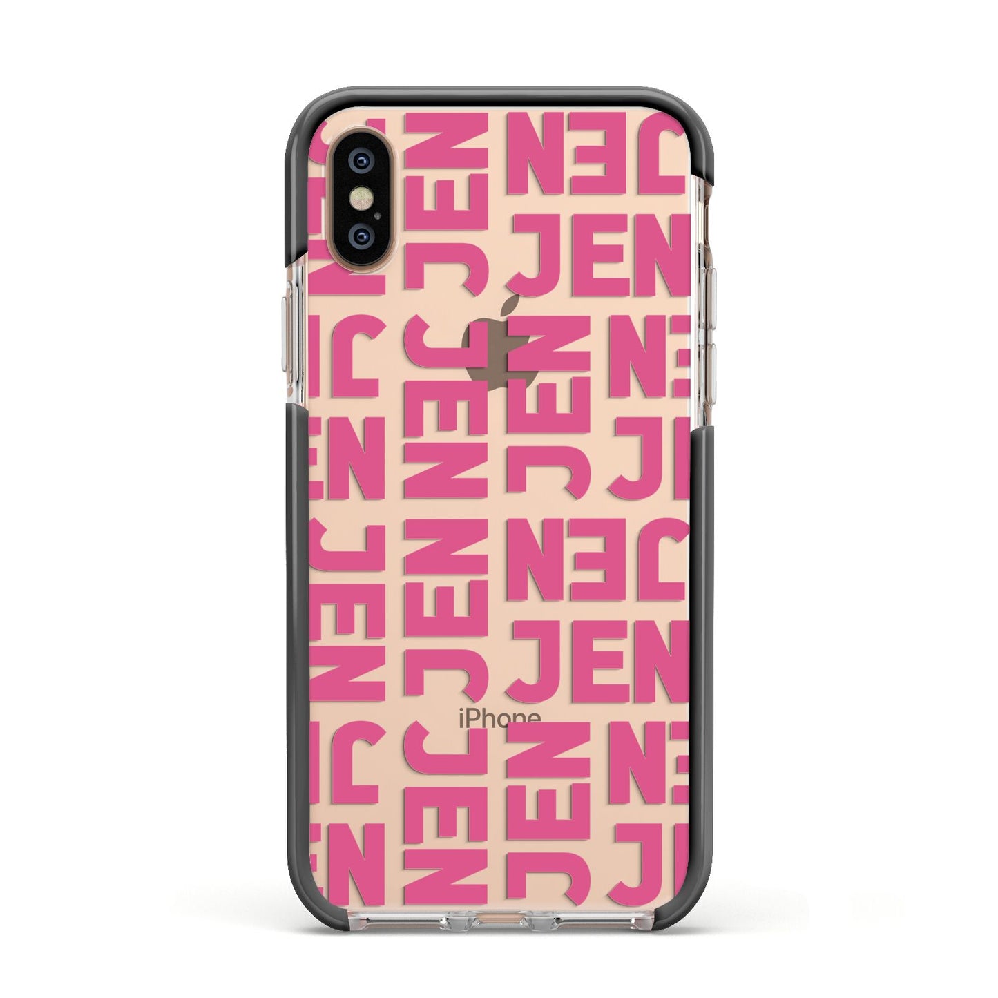Bold Pink Repeating Name Apple iPhone Xs Impact Case Black Edge on Gold Phone