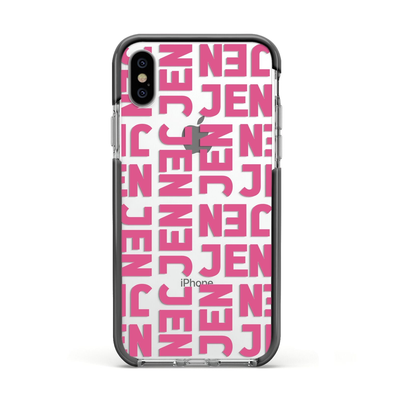 Bold Pink Repeating Name Apple iPhone Xs Impact Case Black Edge on Silver Phone