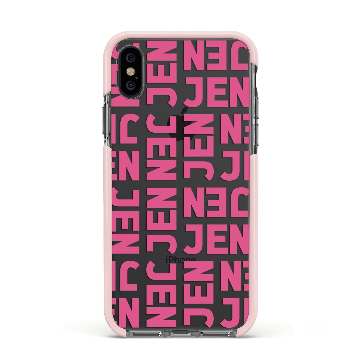 Bold Pink Repeating Name Apple iPhone Xs Impact Case Pink Edge on Black Phone