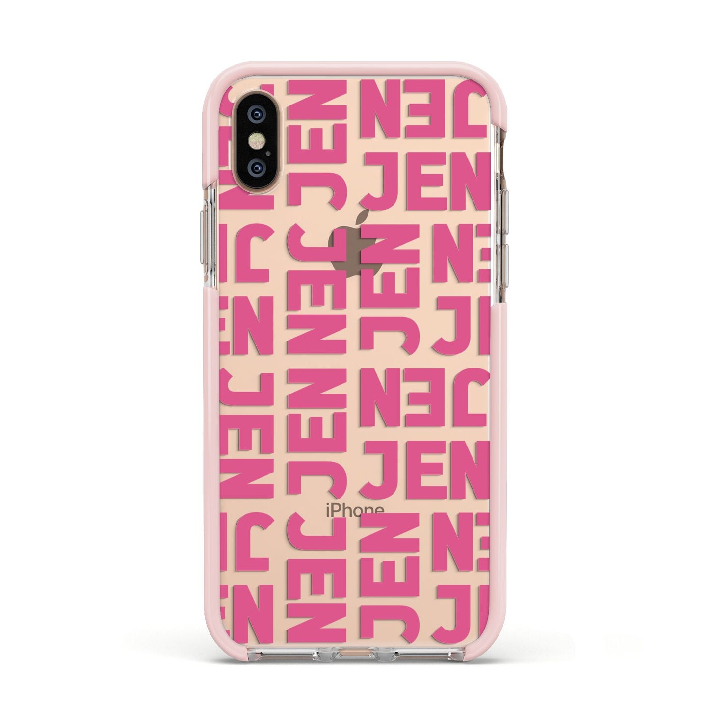 Bold Pink Repeating Name Apple iPhone Xs Impact Case Pink Edge on Gold Phone