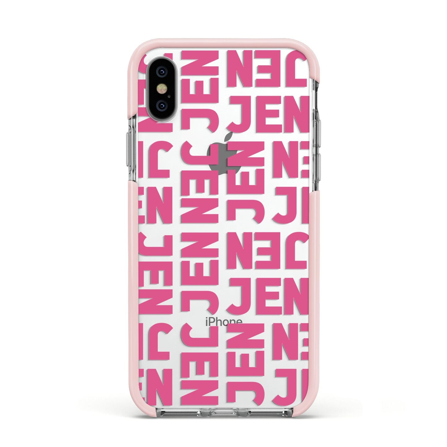 Bold Pink Repeating Name Apple iPhone Xs Impact Case Pink Edge on Silver Phone