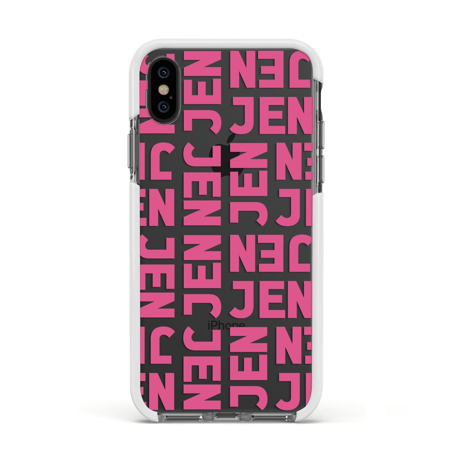 Bold Pink Repeating Name Apple iPhone Xs Impact Case White Edge on Black Phone
