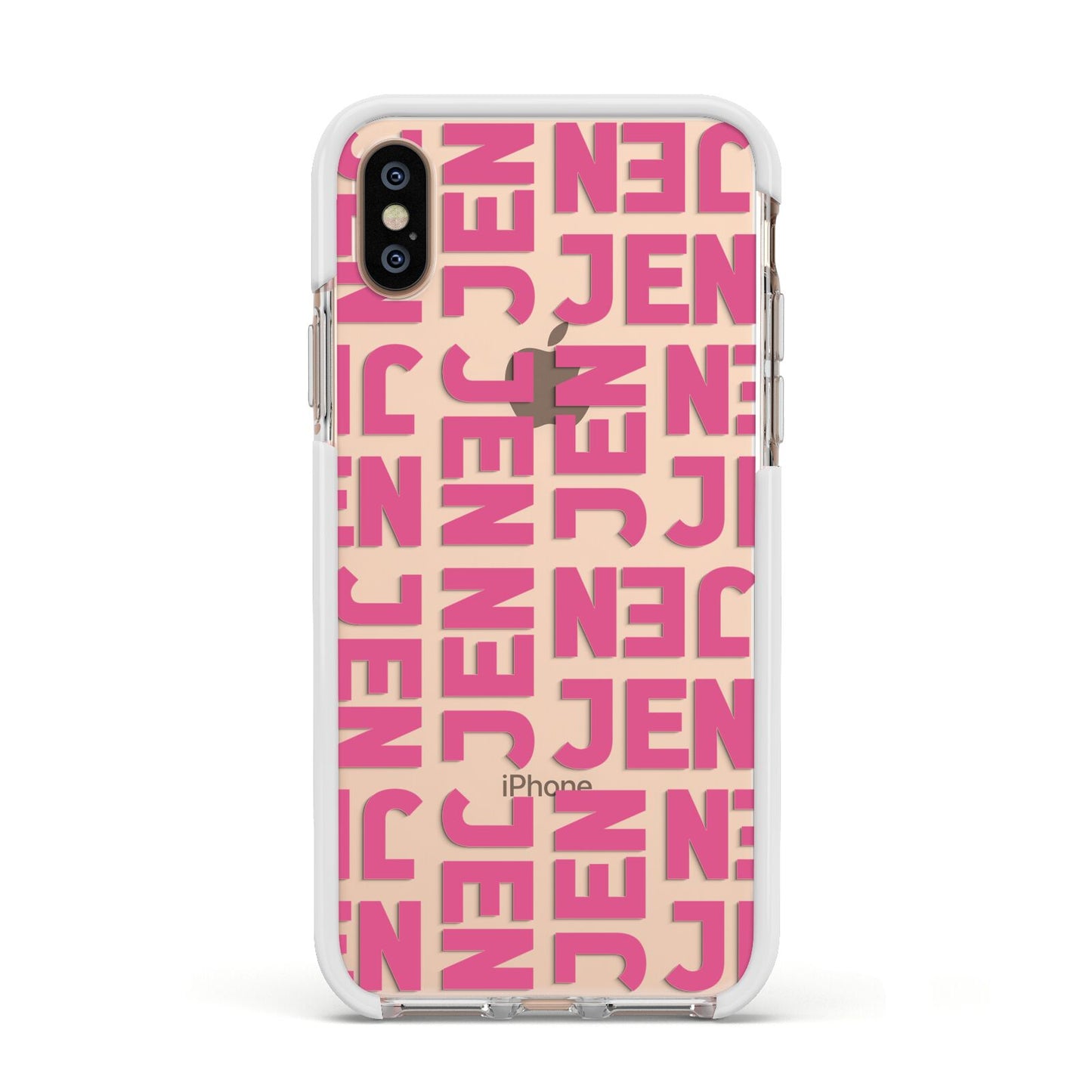 Bold Pink Repeating Name Apple iPhone Xs Impact Case White Edge on Gold Phone