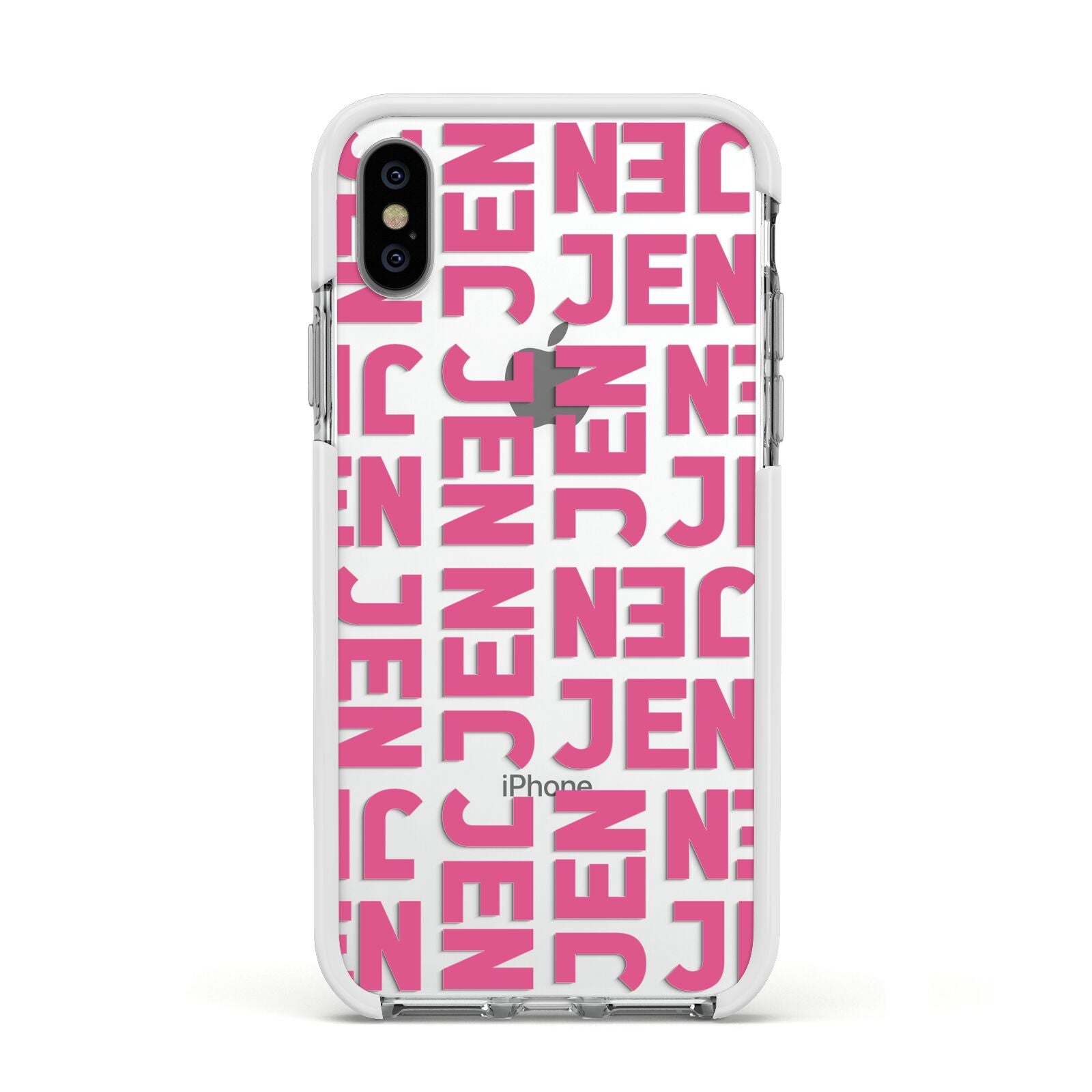 Bold Pink Repeating Name Apple iPhone Xs Impact Case White Edge on Silver Phone