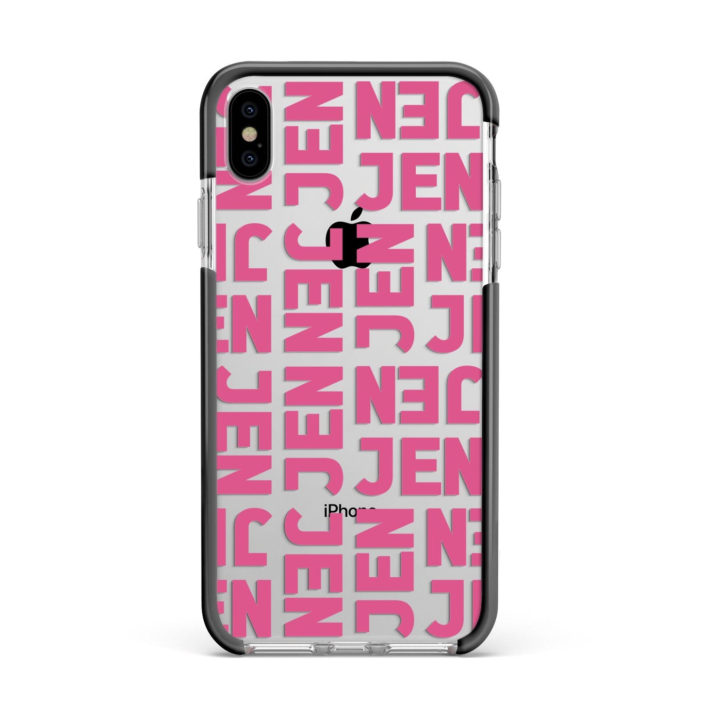 Bold Pink Repeating Name Apple iPhone Xs Max Impact Case Black Edge on Silver Phone