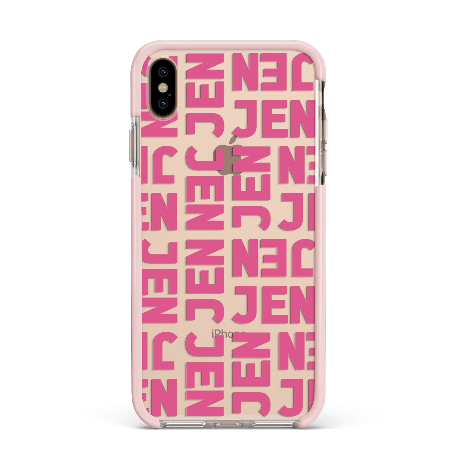 Bold Pink Repeating Name Apple iPhone Xs Max Impact Case Pink Edge on Gold Phone