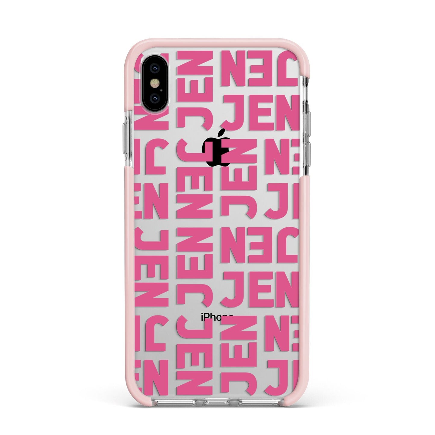 Bold Pink Repeating Name Apple iPhone Xs Max Impact Case Pink Edge on Silver Phone