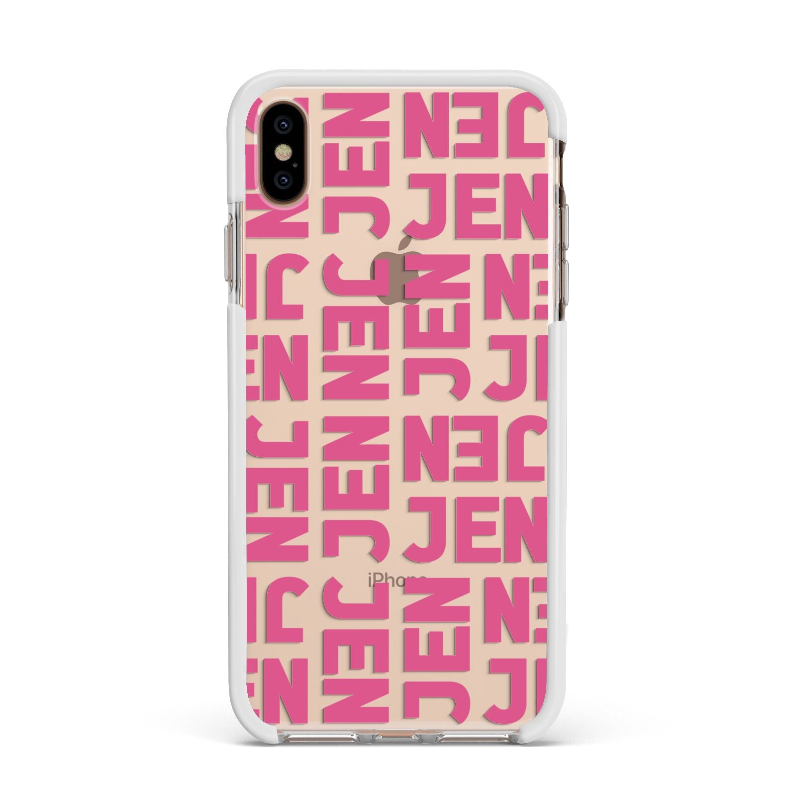 Bold Pink Repeating Name Apple iPhone Xs Max Impact Case White Edge on Gold Phone