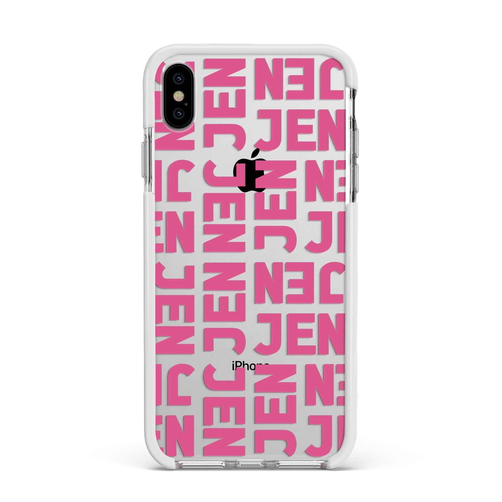 Bold Pink Repeating Name Apple iPhone Xs Max Impact Case White Edge on Silver Phone