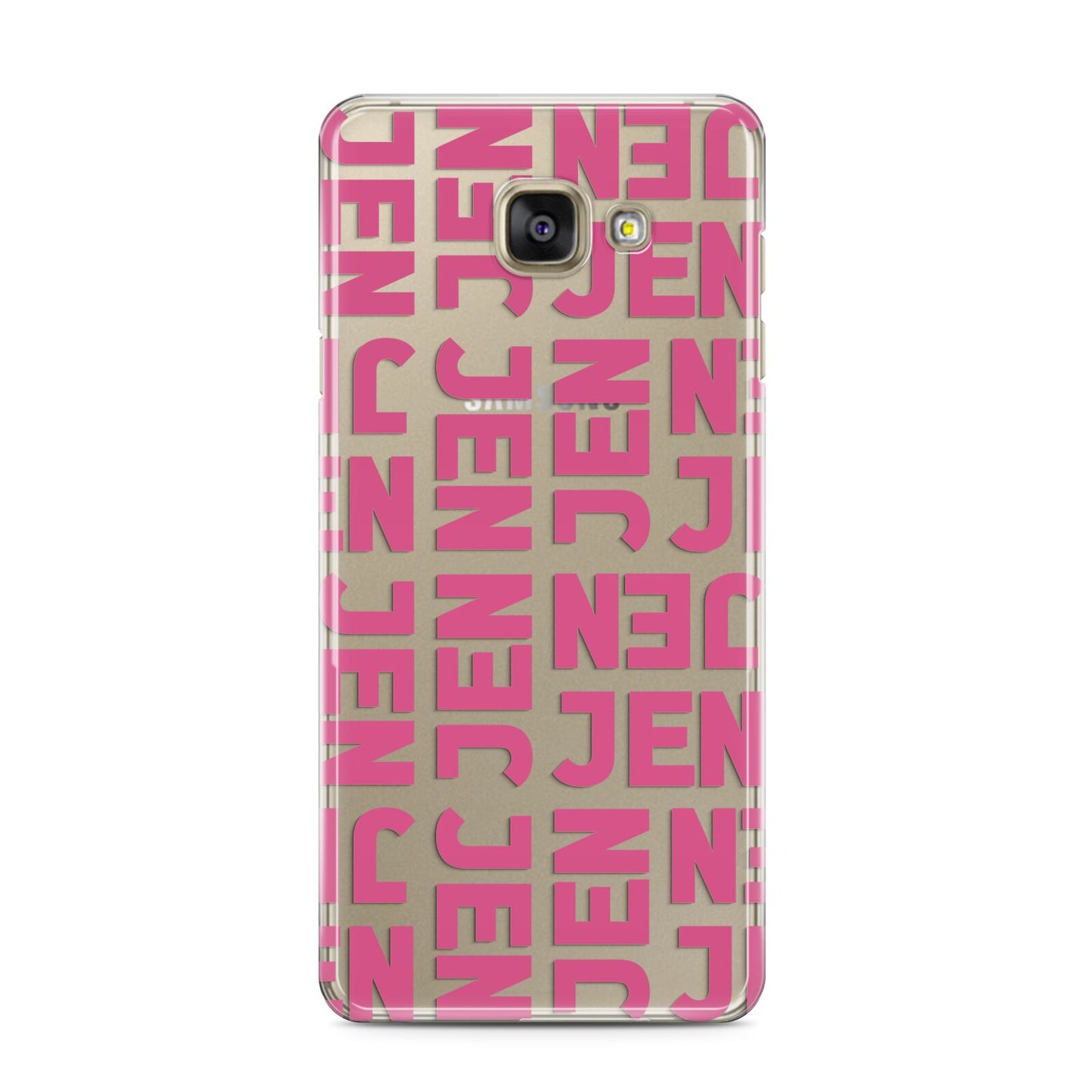 Bold Pink Repeating Name Samsung Galaxy A3 2016 Case on gold phone