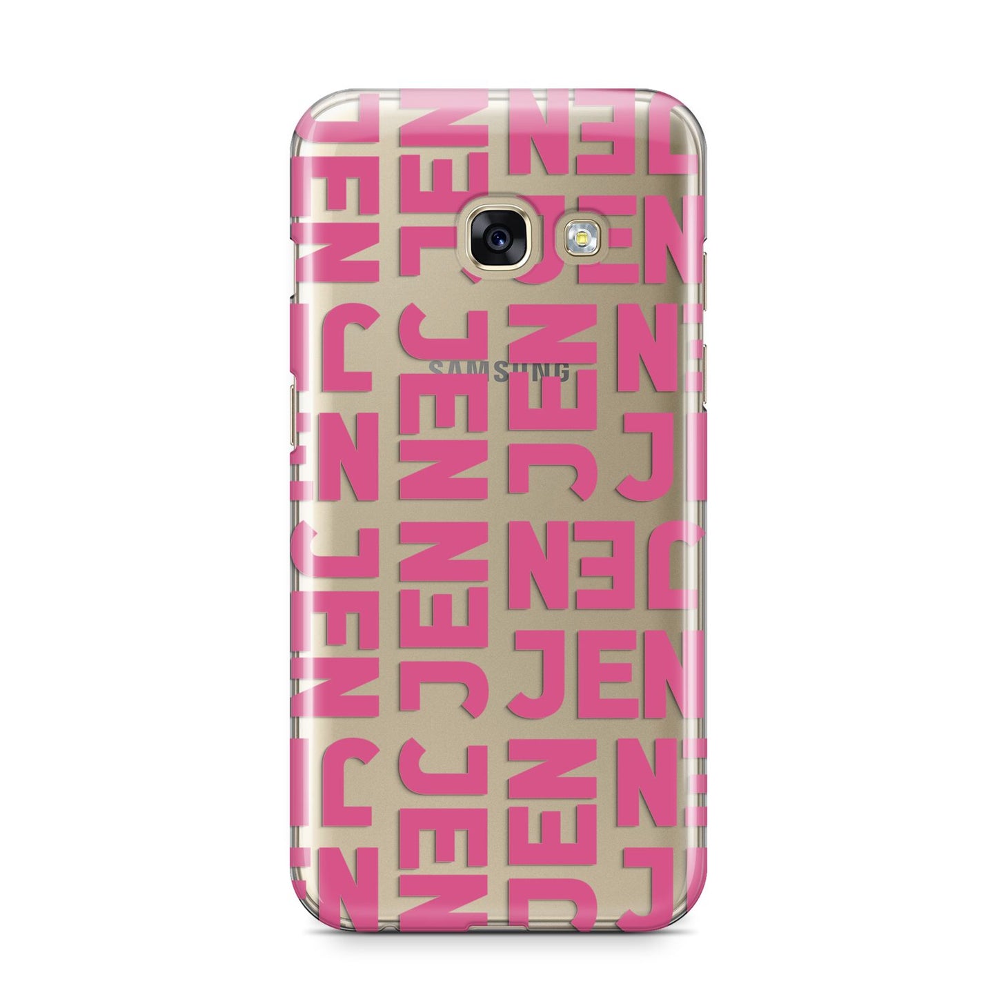 Bold Pink Repeating Name Samsung Galaxy A3 2017 Case on gold phone