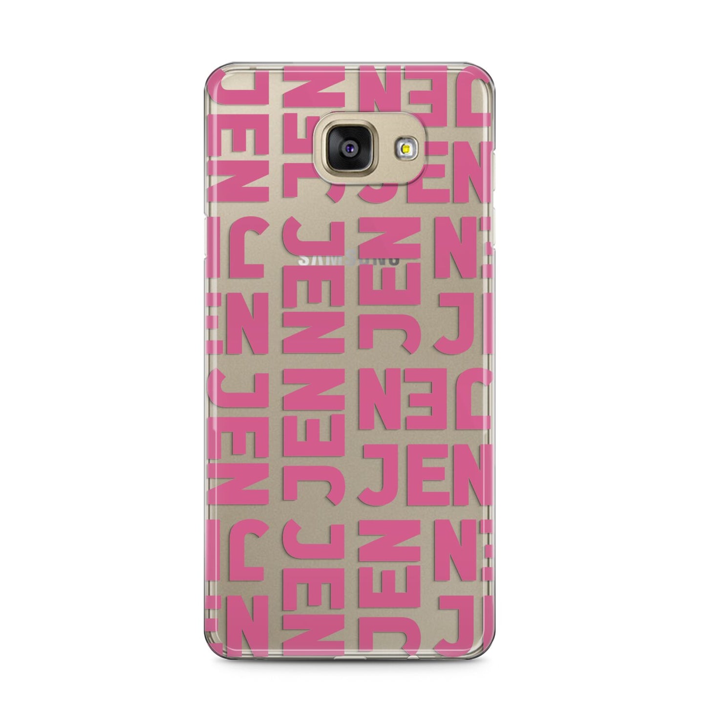 Bold Pink Repeating Name Samsung Galaxy A5 2016 Case on gold phone