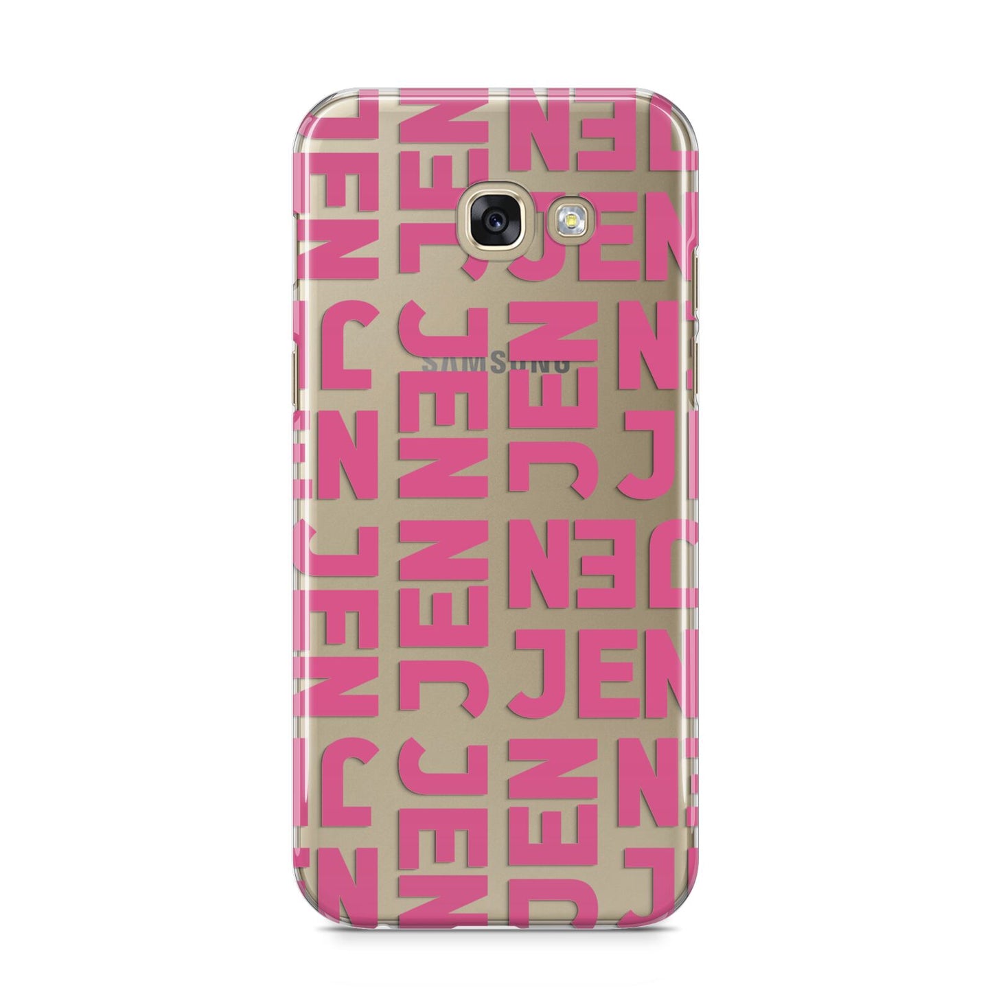 Bold Pink Repeating Name Samsung Galaxy A5 2017 Case on gold phone