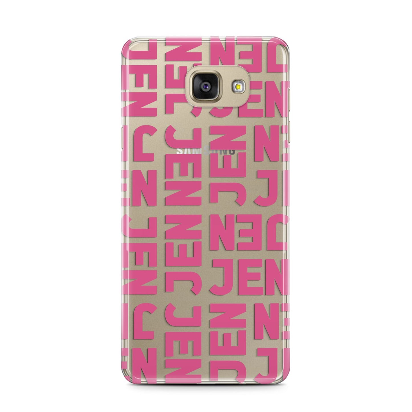 Bold Pink Repeating Name Samsung Galaxy A7 2016 Case on gold phone