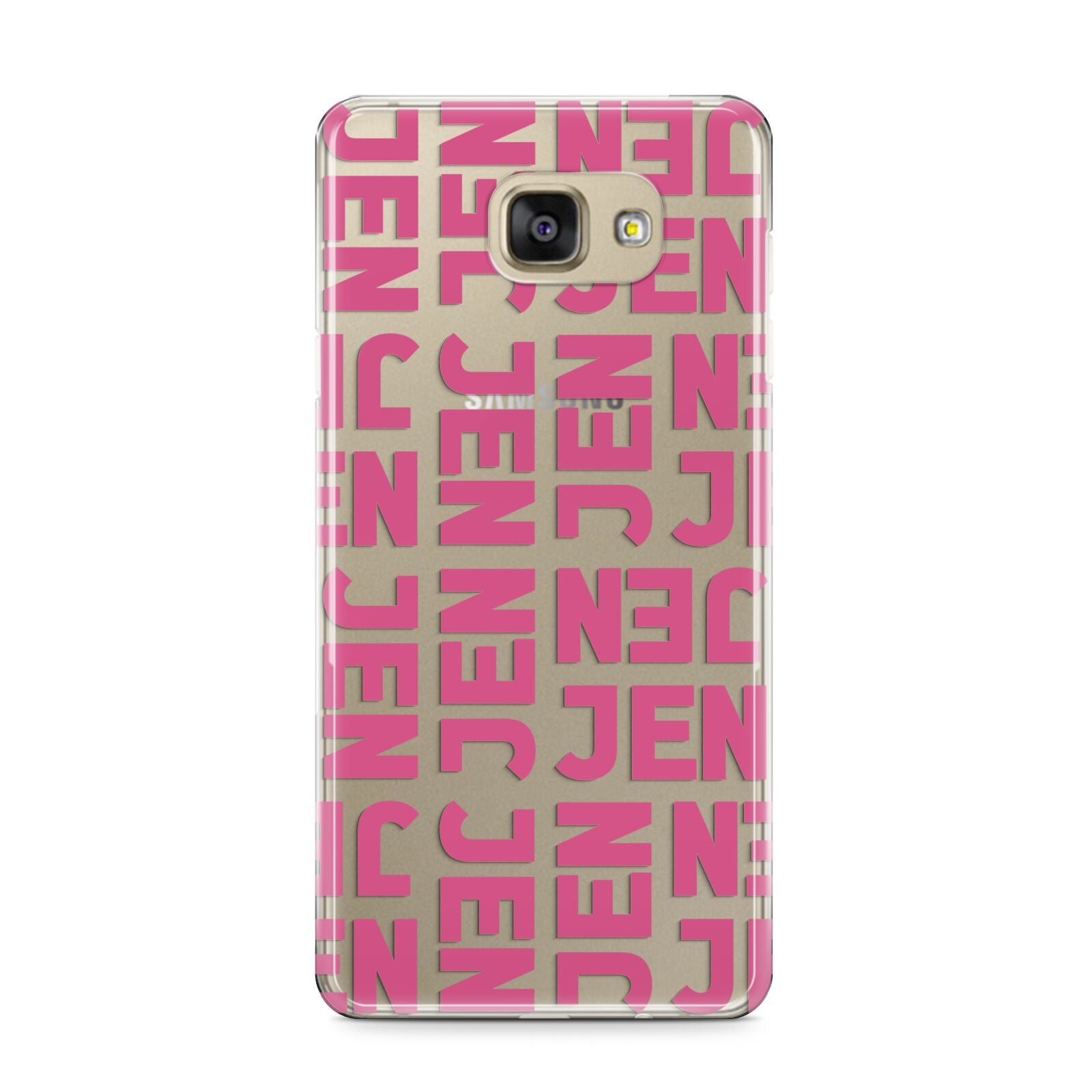 Bold Pink Repeating Name Samsung Galaxy A9 2016 Case on gold phone