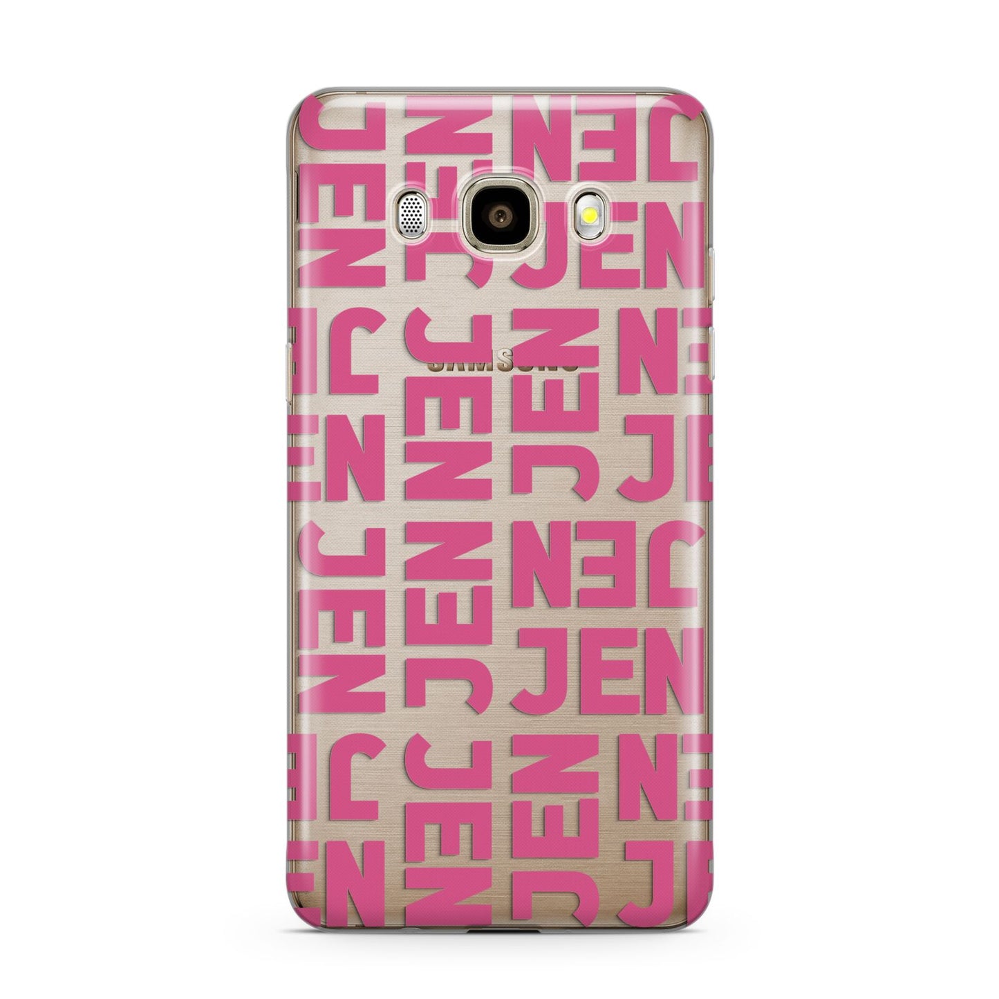 Bold Pink Repeating Name Samsung Galaxy J7 2016 Case on gold phone