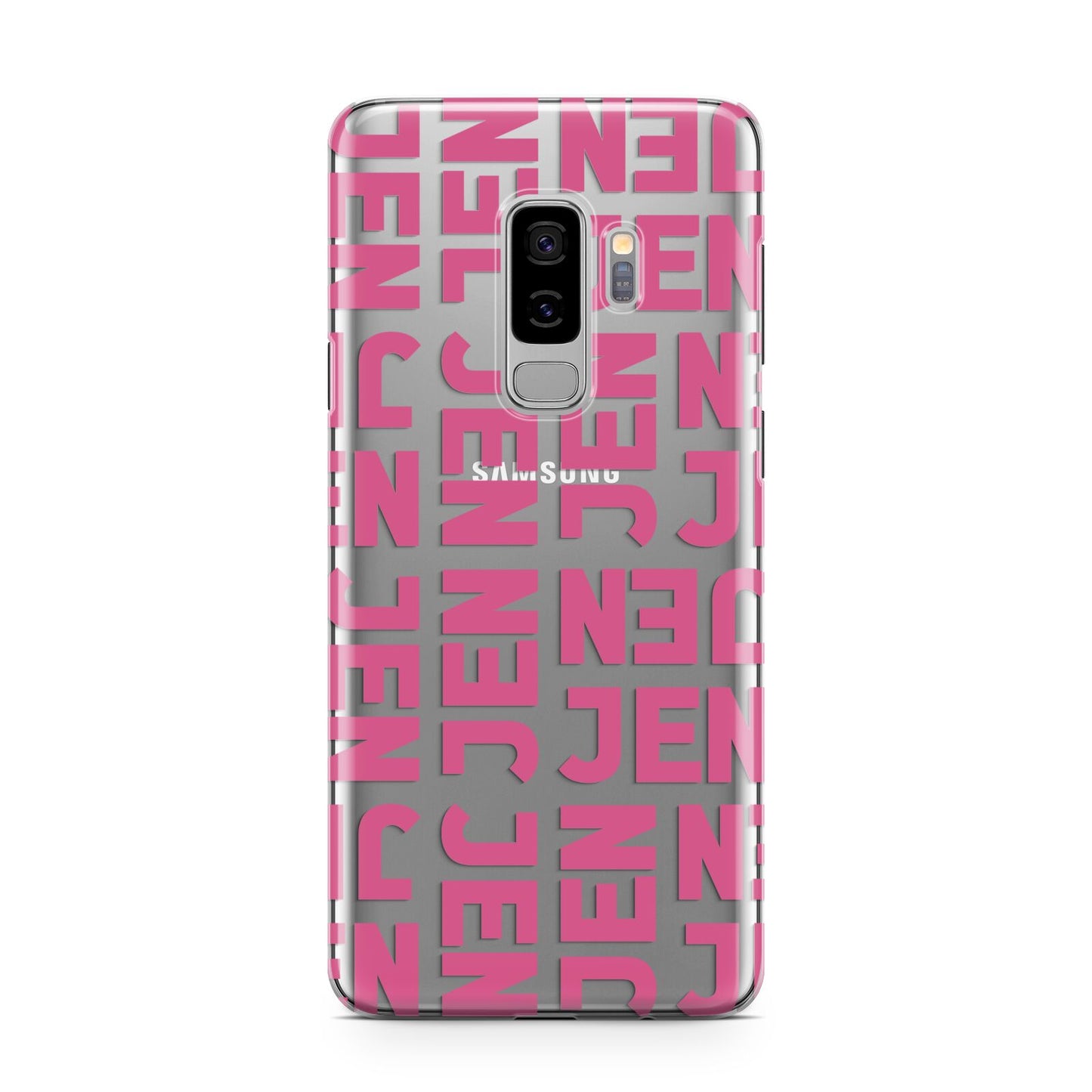 Bold Pink Repeating Name Samsung Galaxy S9 Plus Case on Silver phone