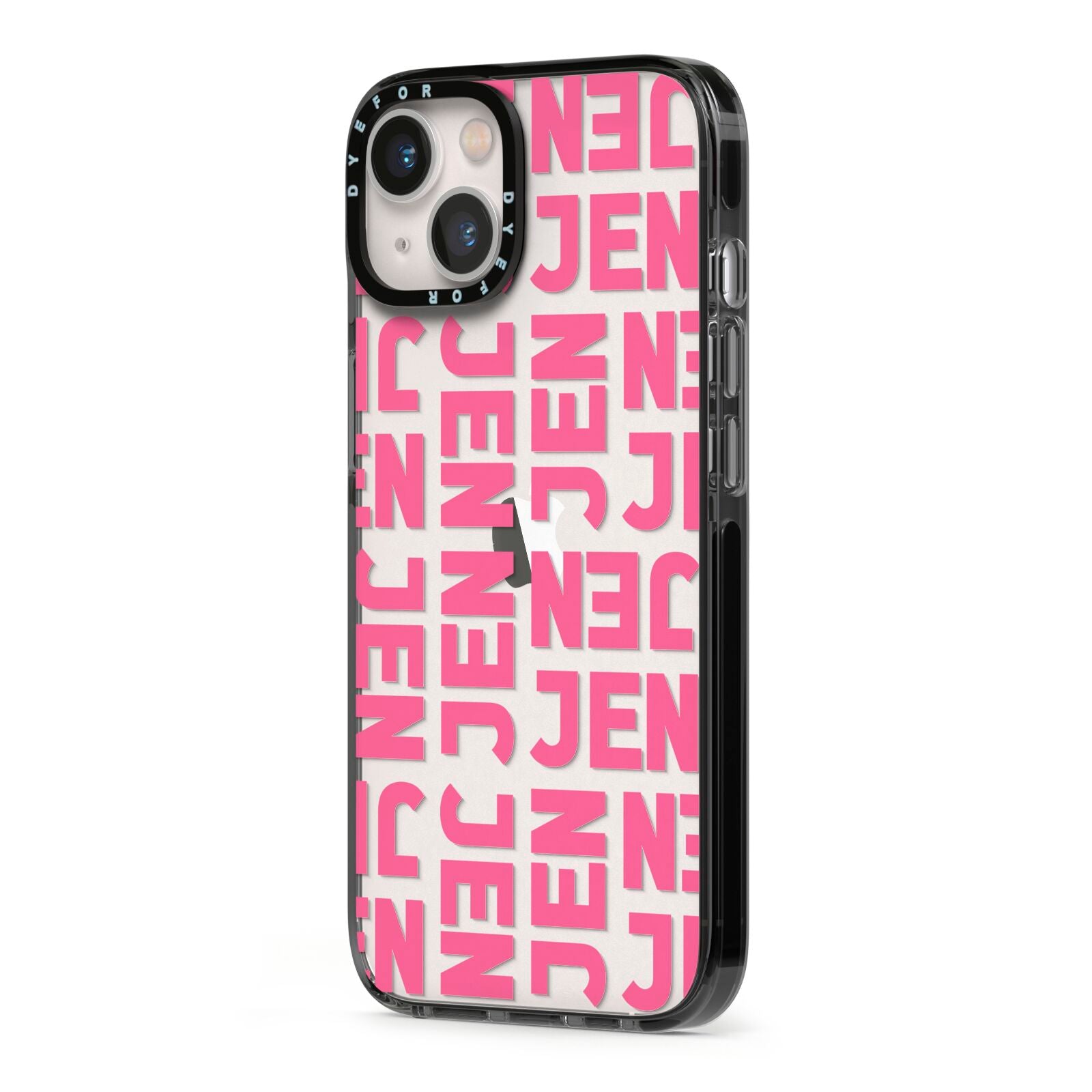 Bold Pink Repeating Name iPhone 13 Black Impact Case Side Angle on Silver phone