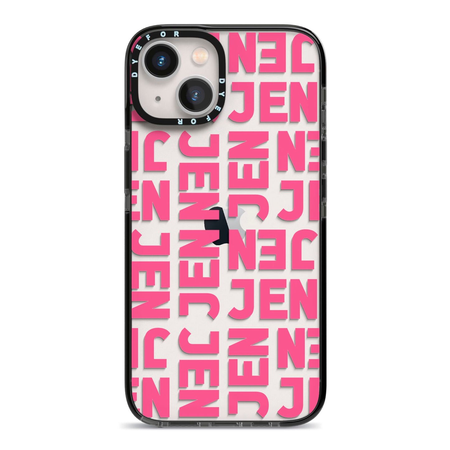 Bold Pink Repeating Name iPhone 13 Black Impact Case on Silver phone