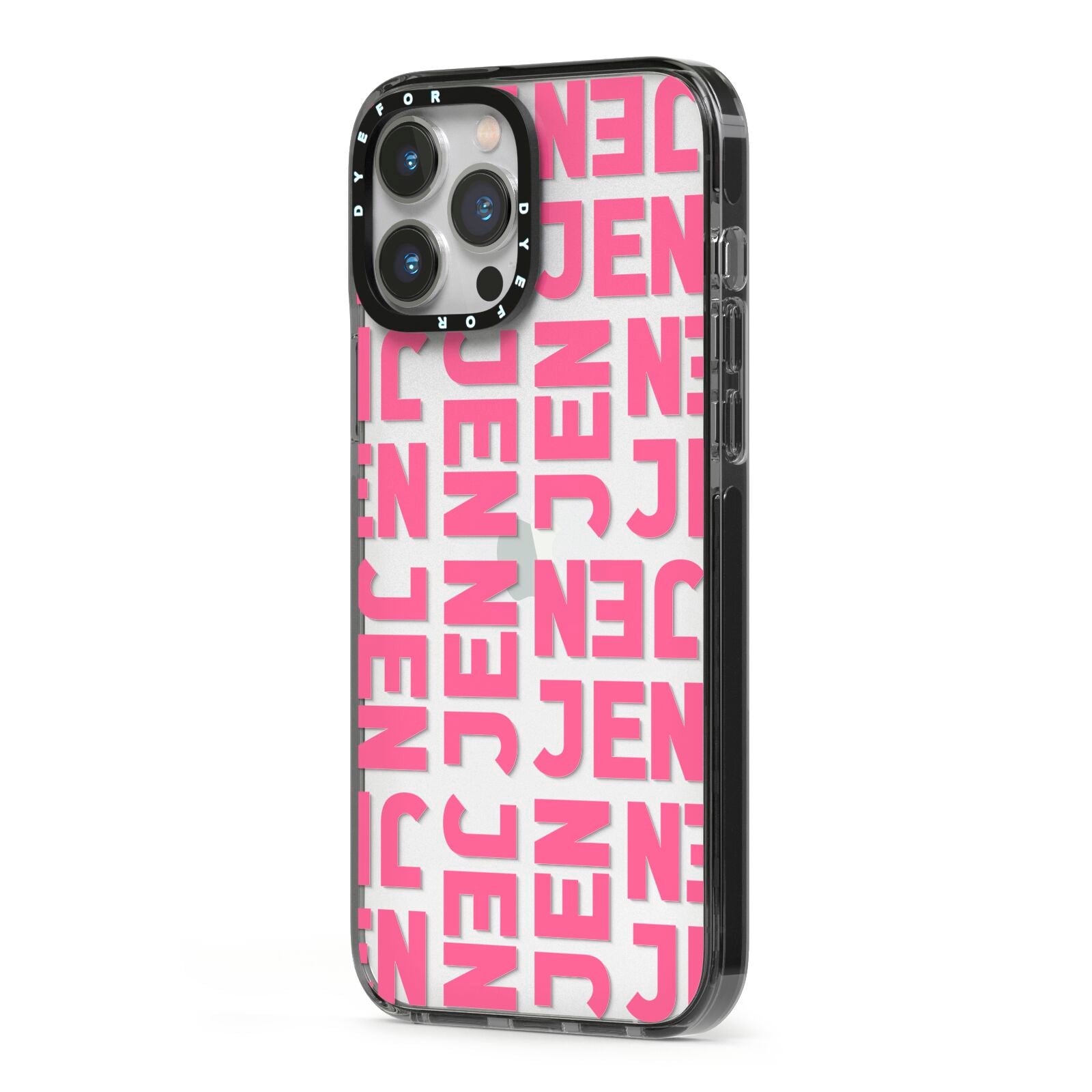 Bold Pink Repeating Name iPhone 13 Pro Max Black Impact Case Side Angle on Silver phone