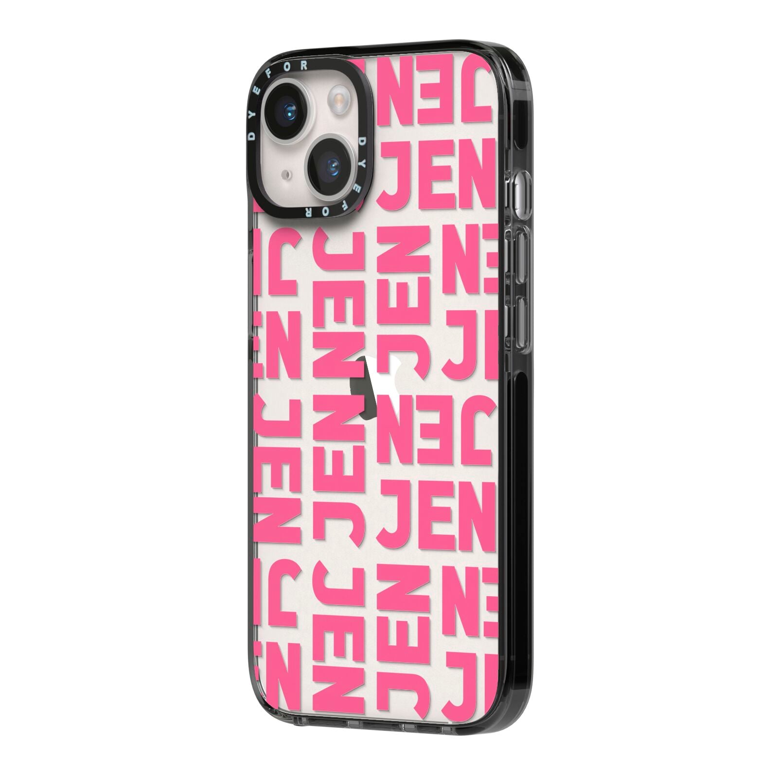 Bold Pink Repeating Name iPhone 14 Black Impact Case Side Angle on Silver phone