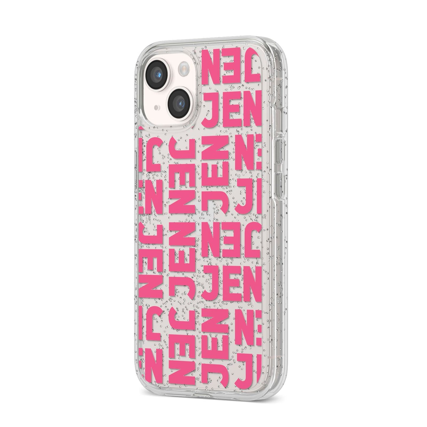 Bold Pink Repeating Name iPhone 14 Glitter Tough Case Starlight Angled Image