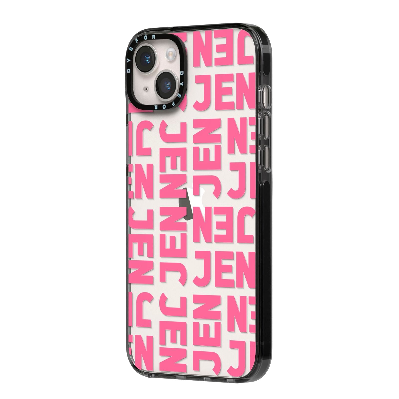 Bold Pink Repeating Name iPhone 14 Plus Black Impact Case Side Angle on Silver phone