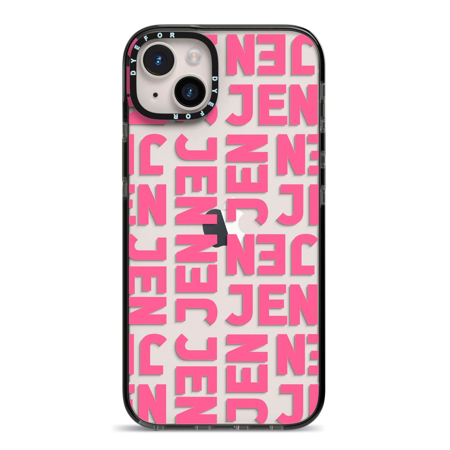 Bold Pink Repeating Name iPhone 14 Plus Black Impact Case on Silver phone