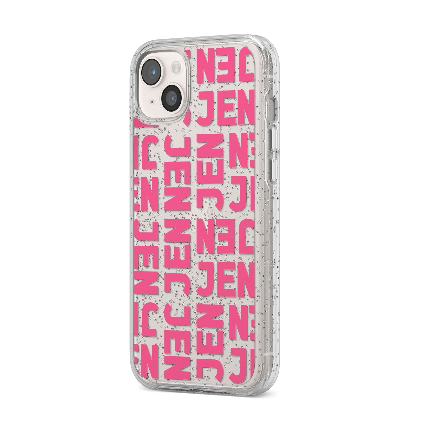 Bold Pink Repeating Name iPhone 14 Plus Glitter Tough Case Starlight Angled Image