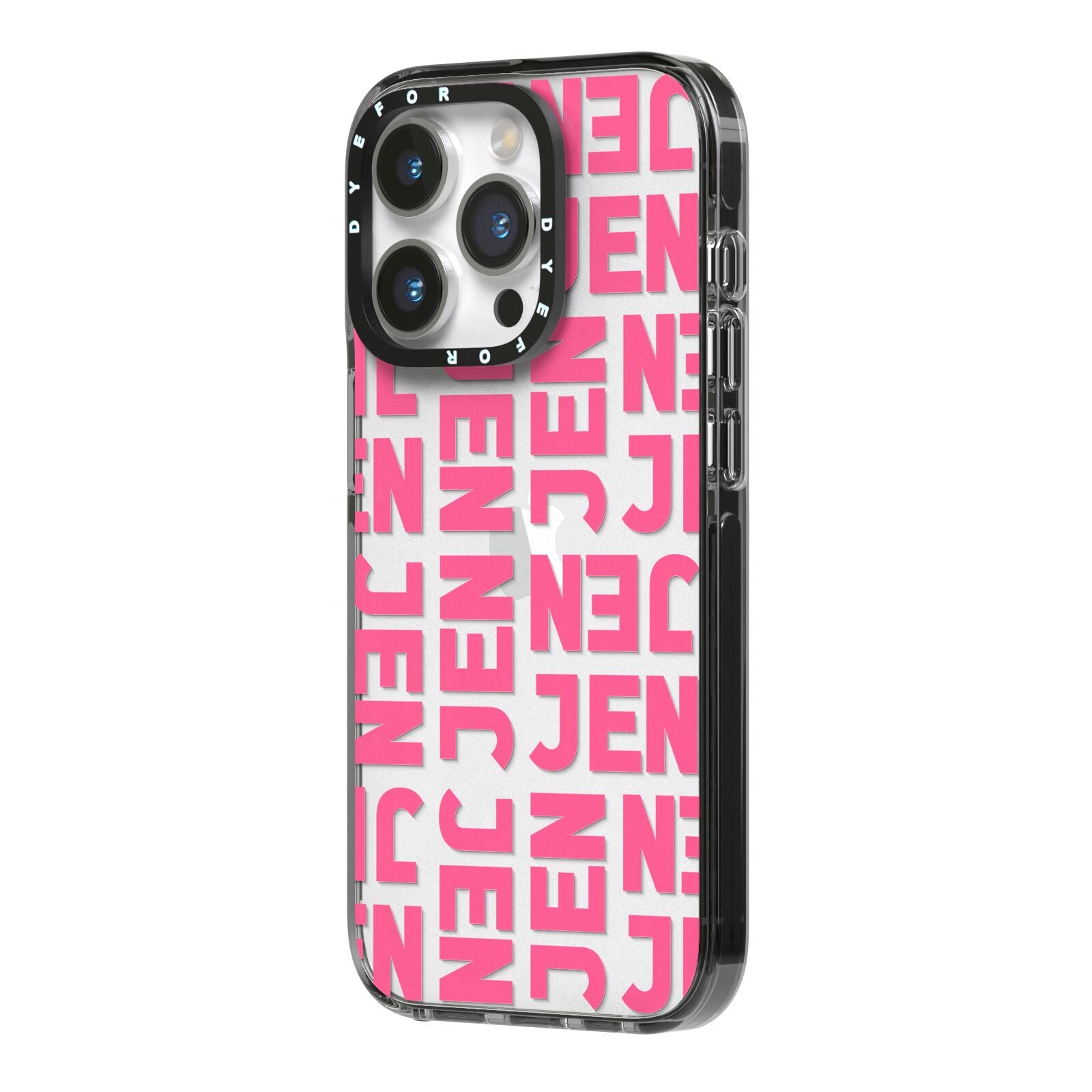 Bold Pink Repeating Name iPhone 14 Pro Black Impact Case Side Angle on Silver phone