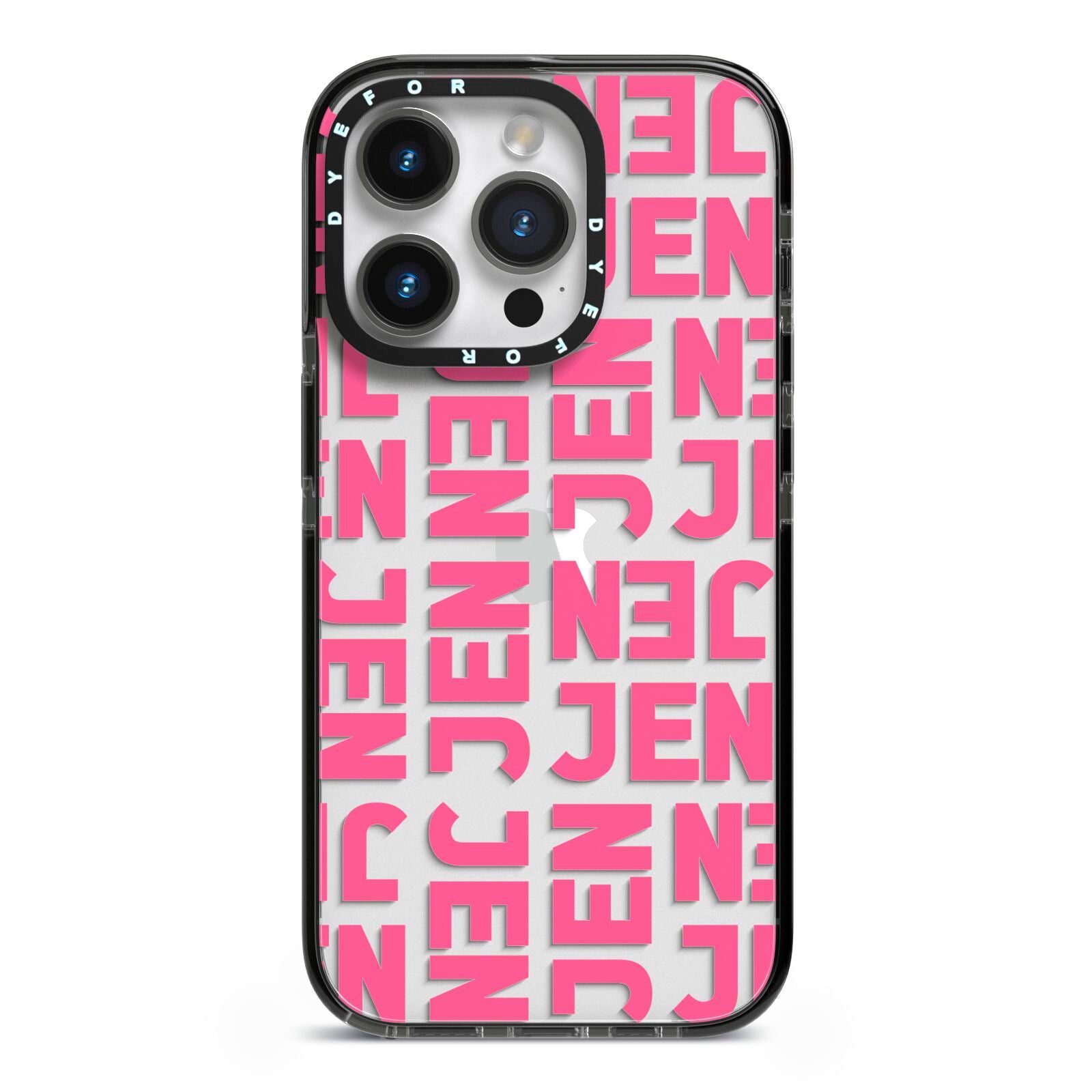 Bold Pink Repeating Name iPhone 14 Pro Black Impact Case on Silver phone