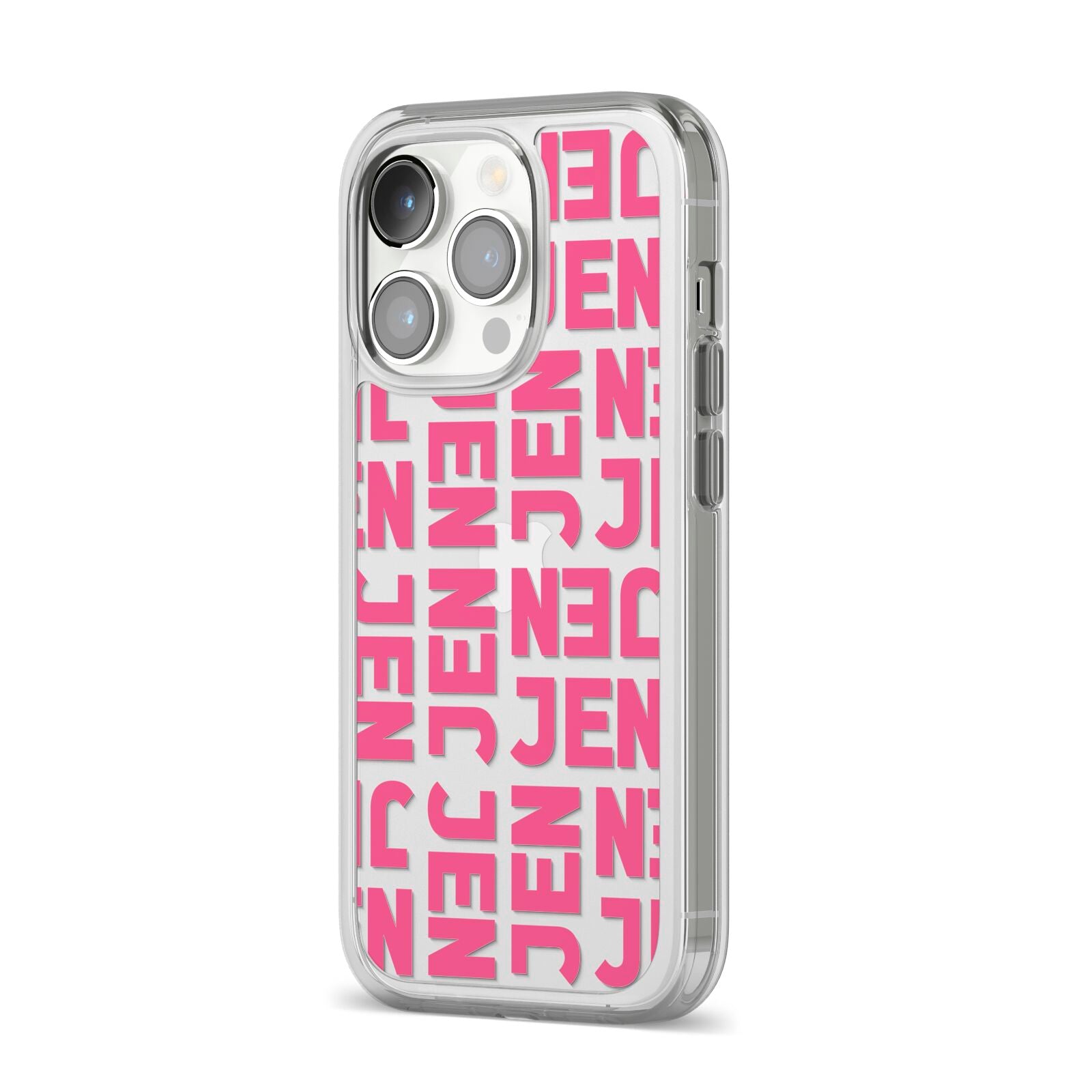 Bold Pink Repeating Name iPhone 14 Pro Clear Tough Case Silver Angled Image