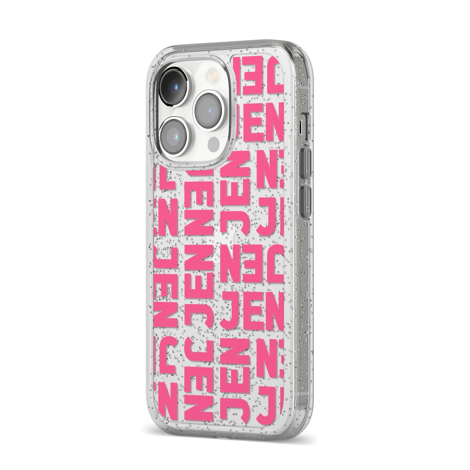 Bold Pink Repeating Name iPhone 14 Pro Glitter Tough Case Silver Angled Image