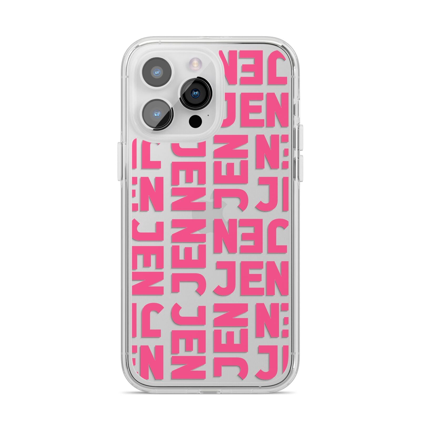 Bold Pink Repeating Name iPhone 14 Pro Max Clear Tough Case Silver