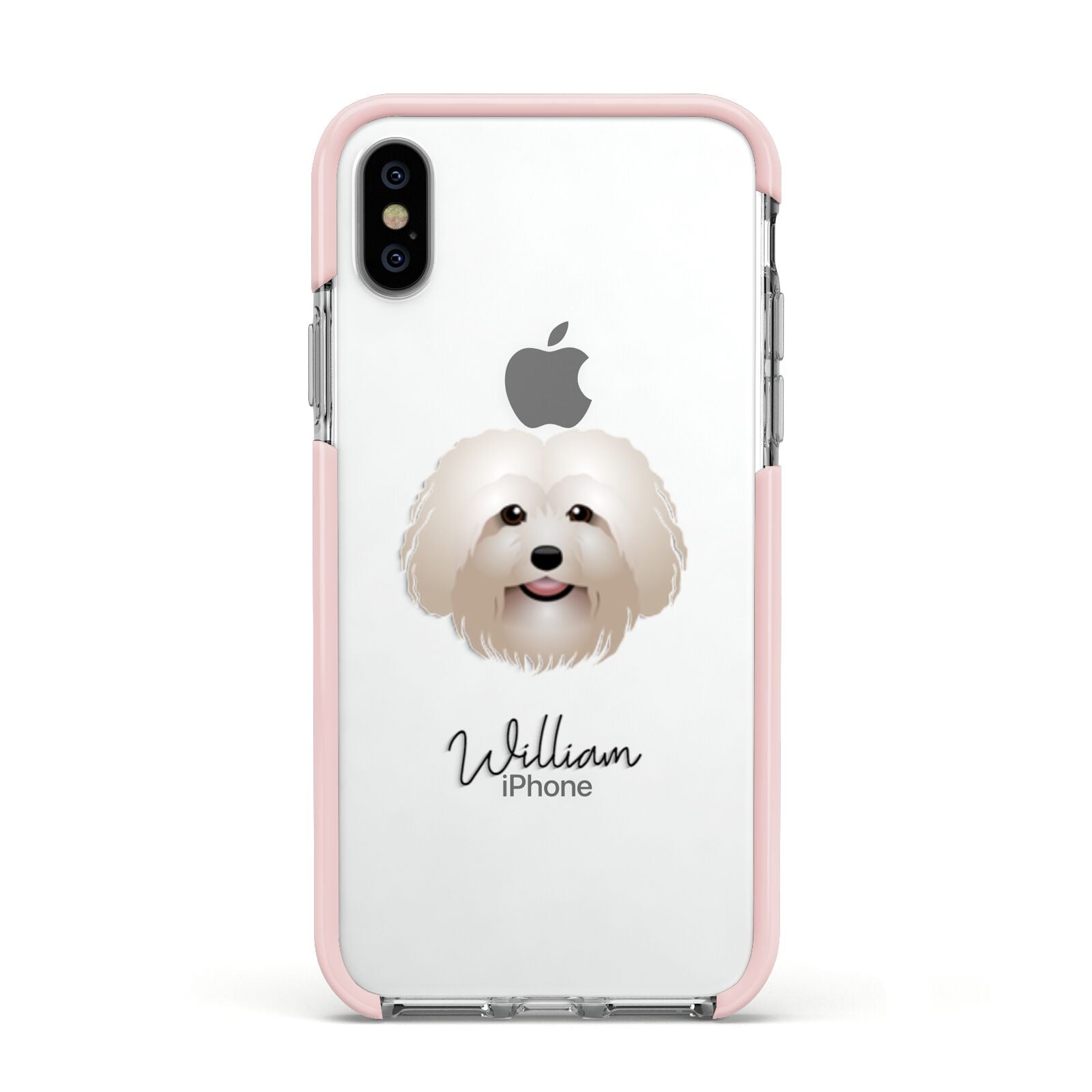 Bolognese Personalised Apple iPhone Xs Impact Case Pink Edge on Silver Phone
