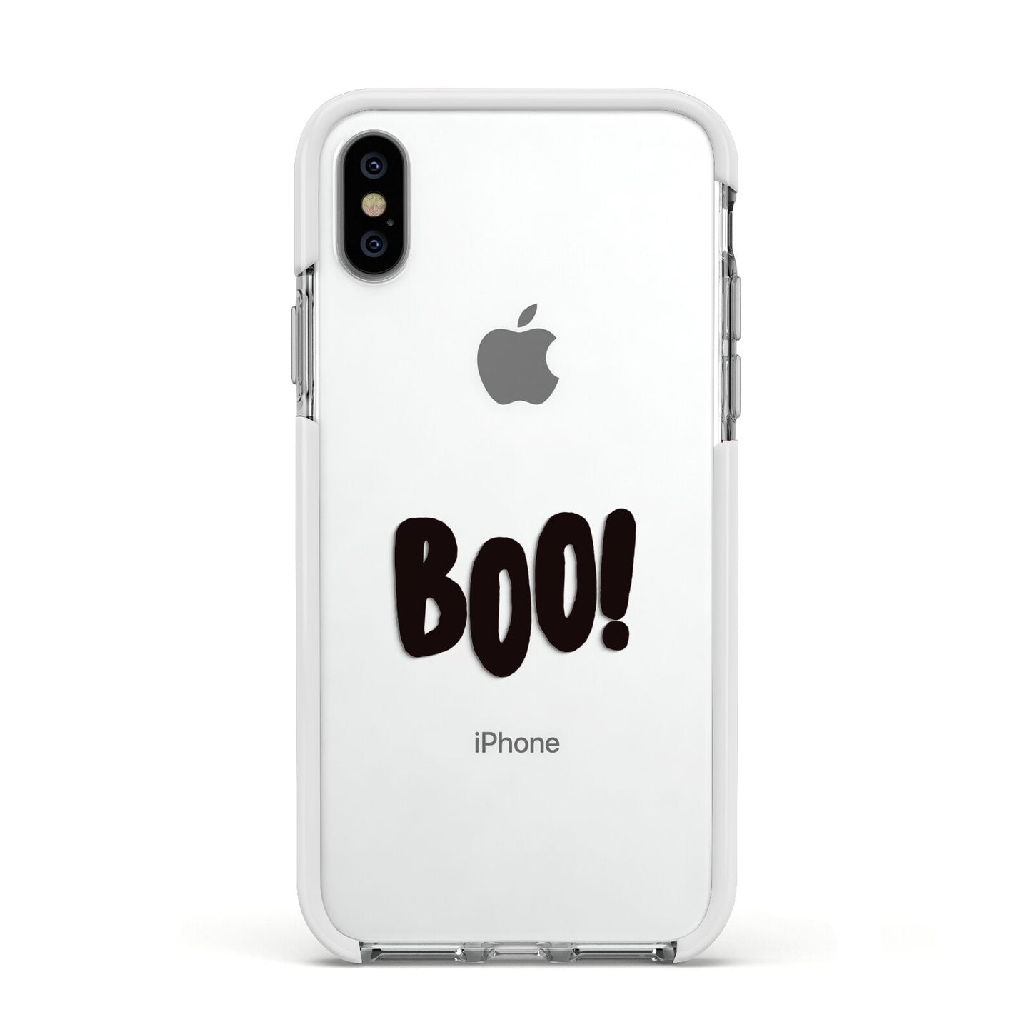 Boo Black Apple iPhone Xs Impact Case White Edge on Silver Phone