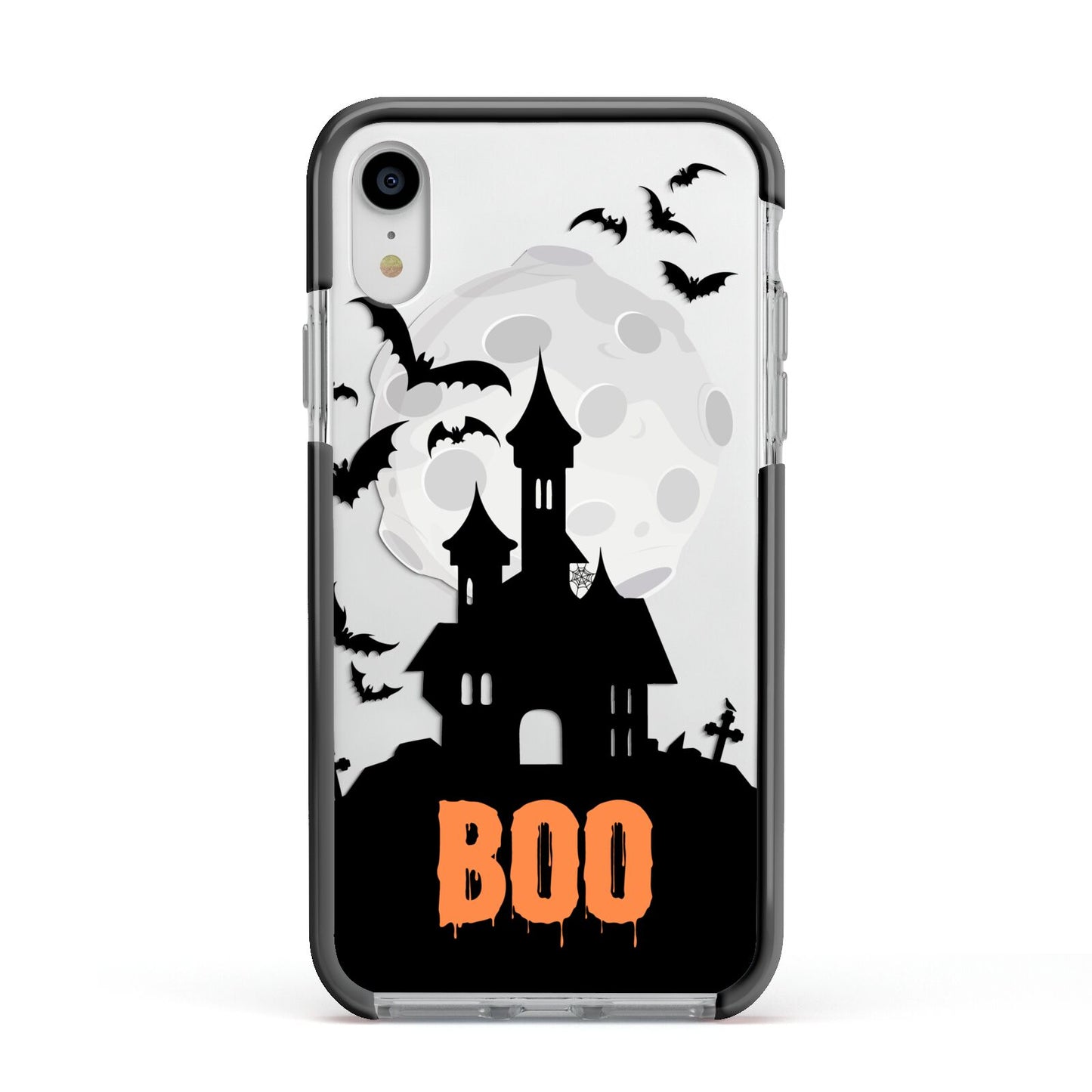 Boo Gothic Black Halloween Apple iPhone XR Impact Case Black Edge on Silver Phone