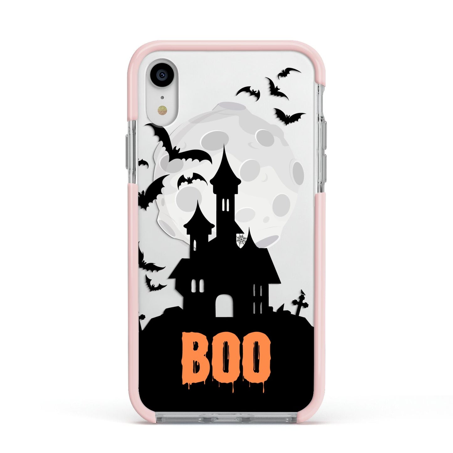 Boo Gothic Black Halloween Apple iPhone XR Impact Case Pink Edge on Silver Phone