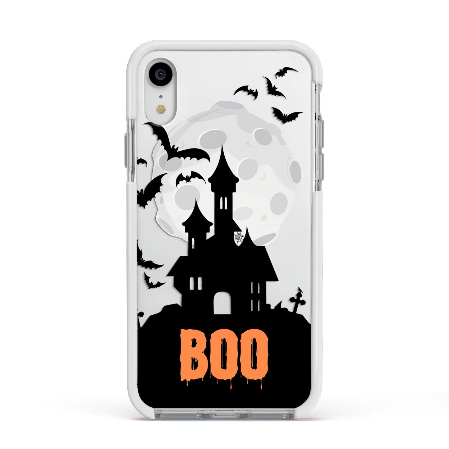 Boo Gothic Black Halloween Apple iPhone XR Impact Case White Edge on Silver Phone