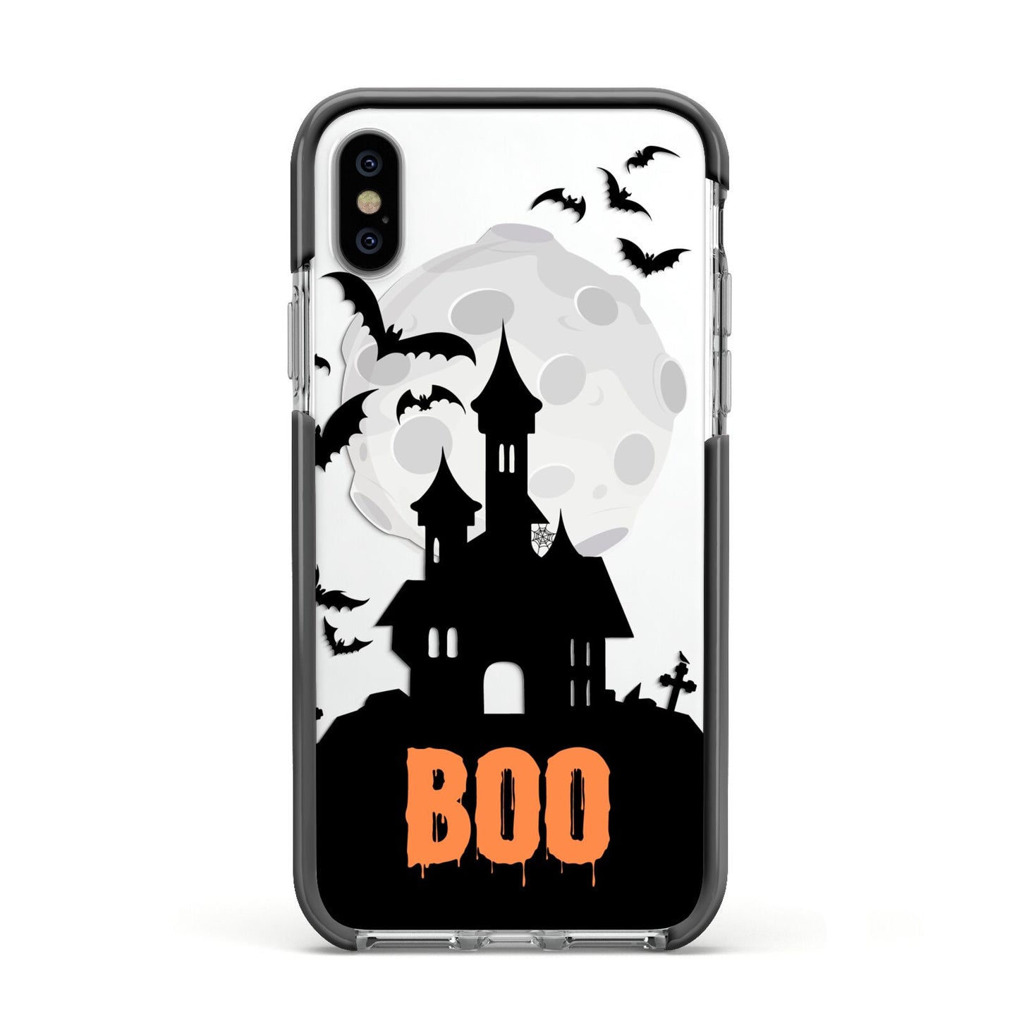 Boo Gothic Black Halloween Apple iPhone Xs Impact Case Black Edge on Silver Phone