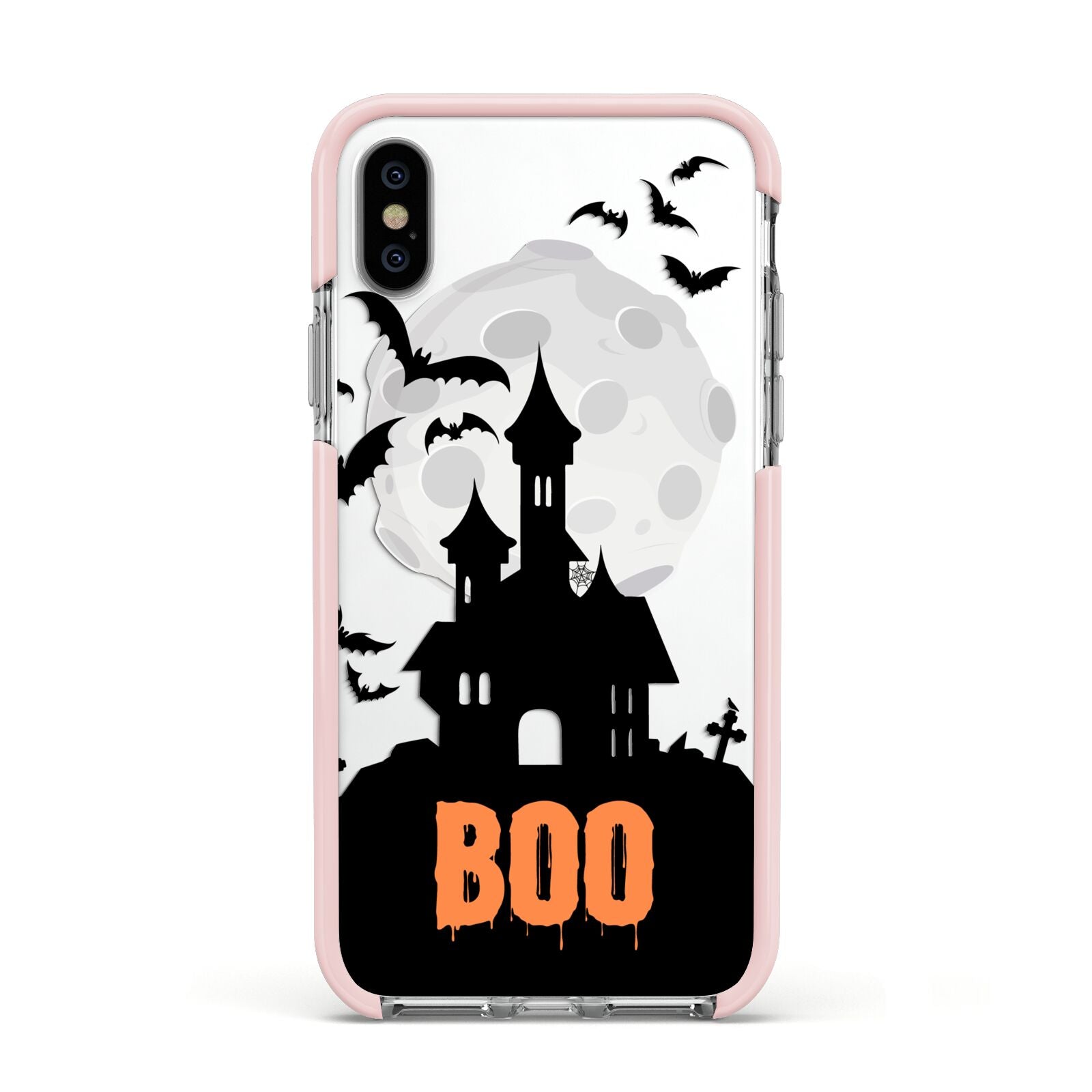 Boo Gothic Black Halloween Apple iPhone Xs Impact Case Pink Edge on Silver Phone