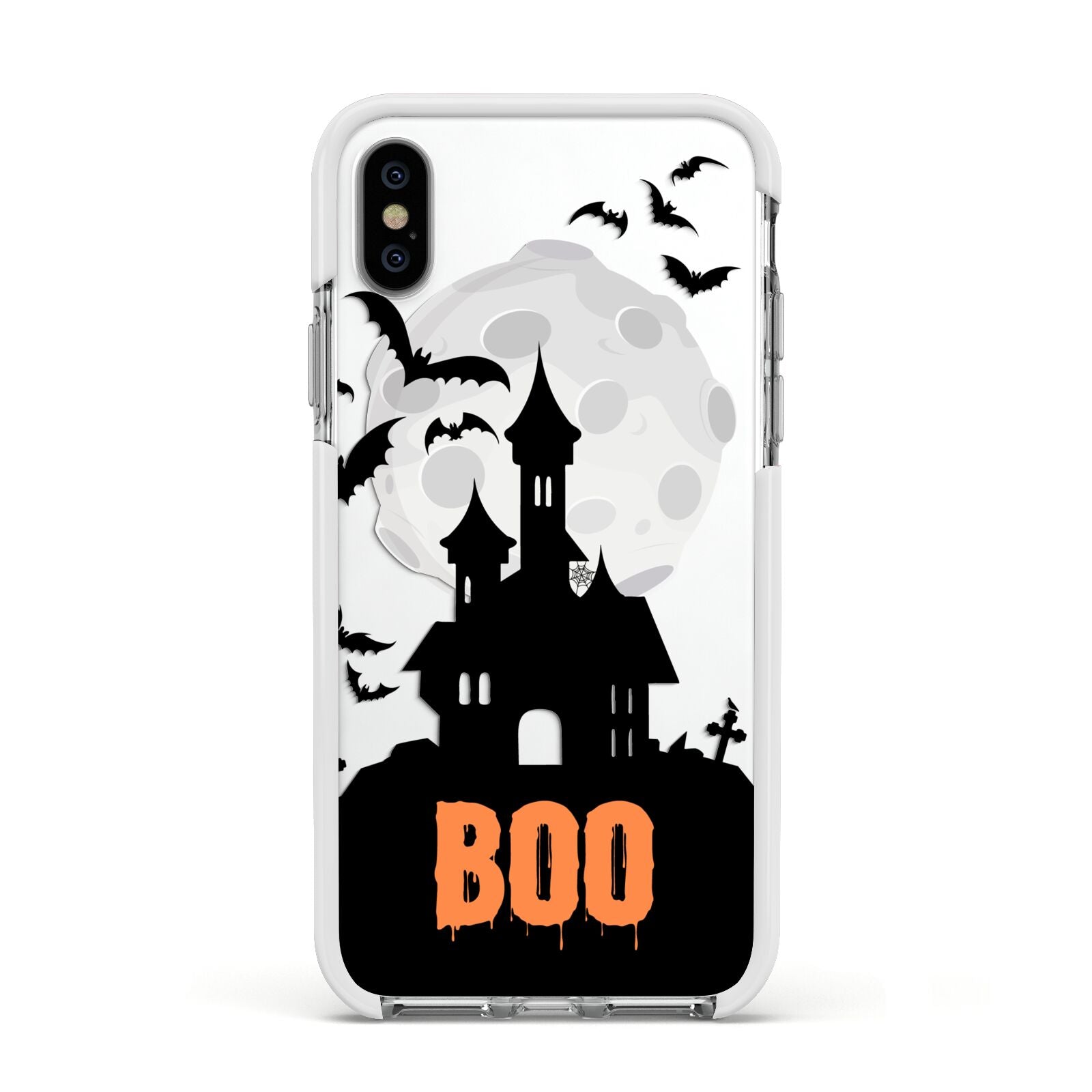 Boo Gothic Black Halloween Apple iPhone Xs Impact Case White Edge on Silver Phone