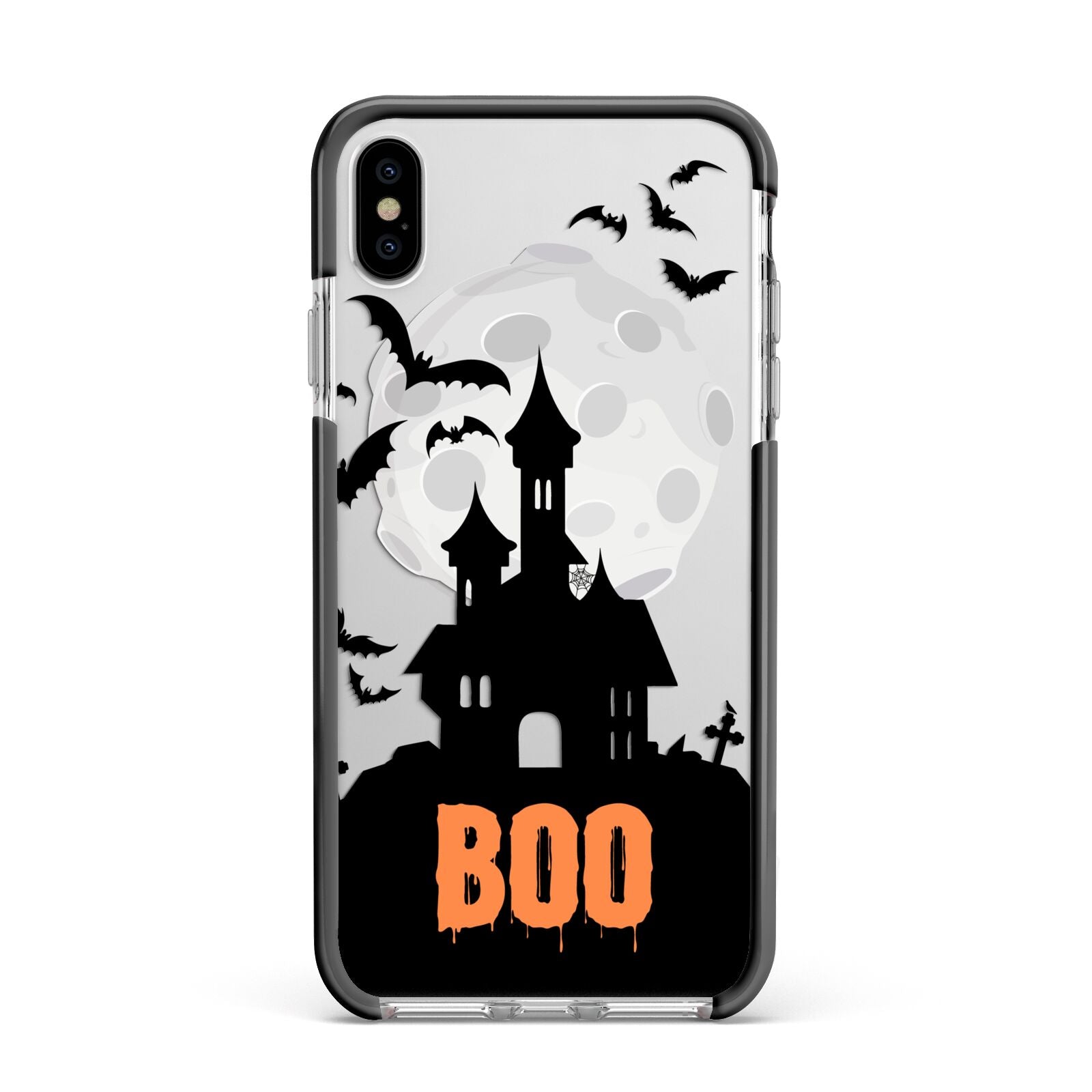 Boo Gothic Black Halloween Apple iPhone Xs Max Impact Case Black Edge on Silver Phone